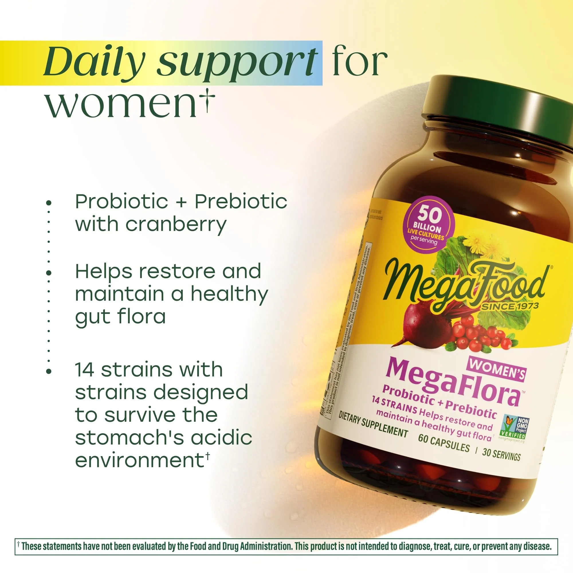 MegaFood MegaFlora Probiotics for Women – 50B CFU, 14 Strains, Cranberry, 90 Veg Capsules - Image 10