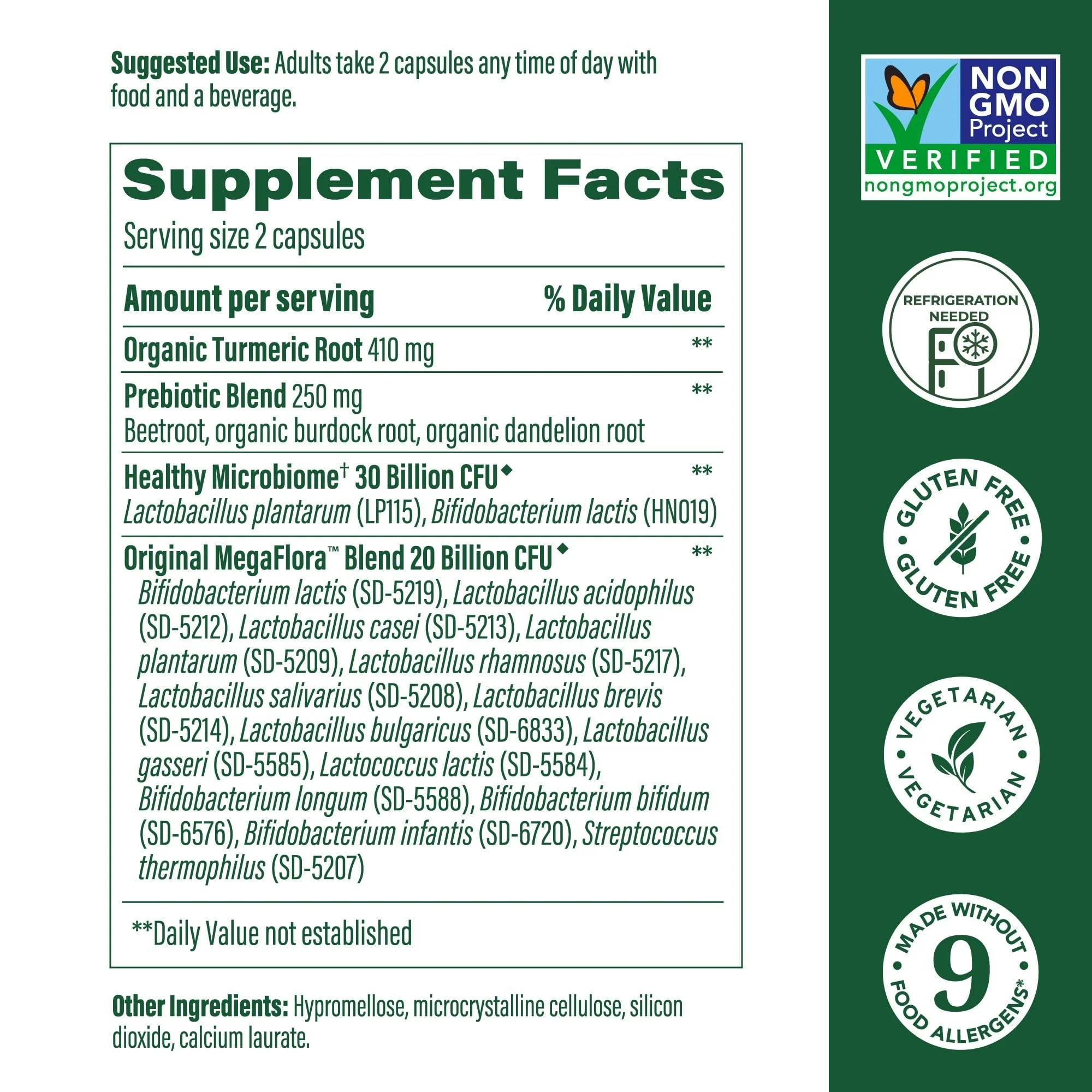 MegaFood MegaFlora Probiotics + Prebiotics Turmeric - 50B CFU, 14 Strains, 90 Capsules - Image 2