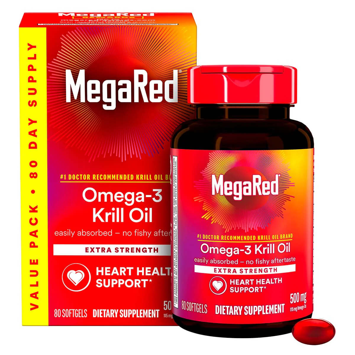 MegaRed Extra Strength Krill Oil 500mg - EPA/DHA, No Fishy Aftertaste | Heart Health, 80 Softgels (2 Pack) - Image 2