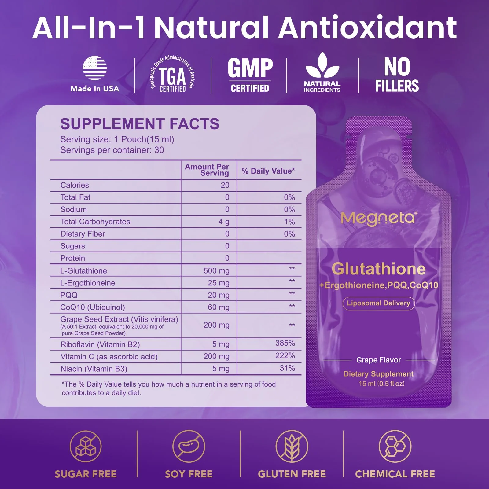 MEGNETA Liposomal Glutathione 500mg – PQQ CoQ10 Vitamin C | Grape Flavor, 30 Pouches - Image 11