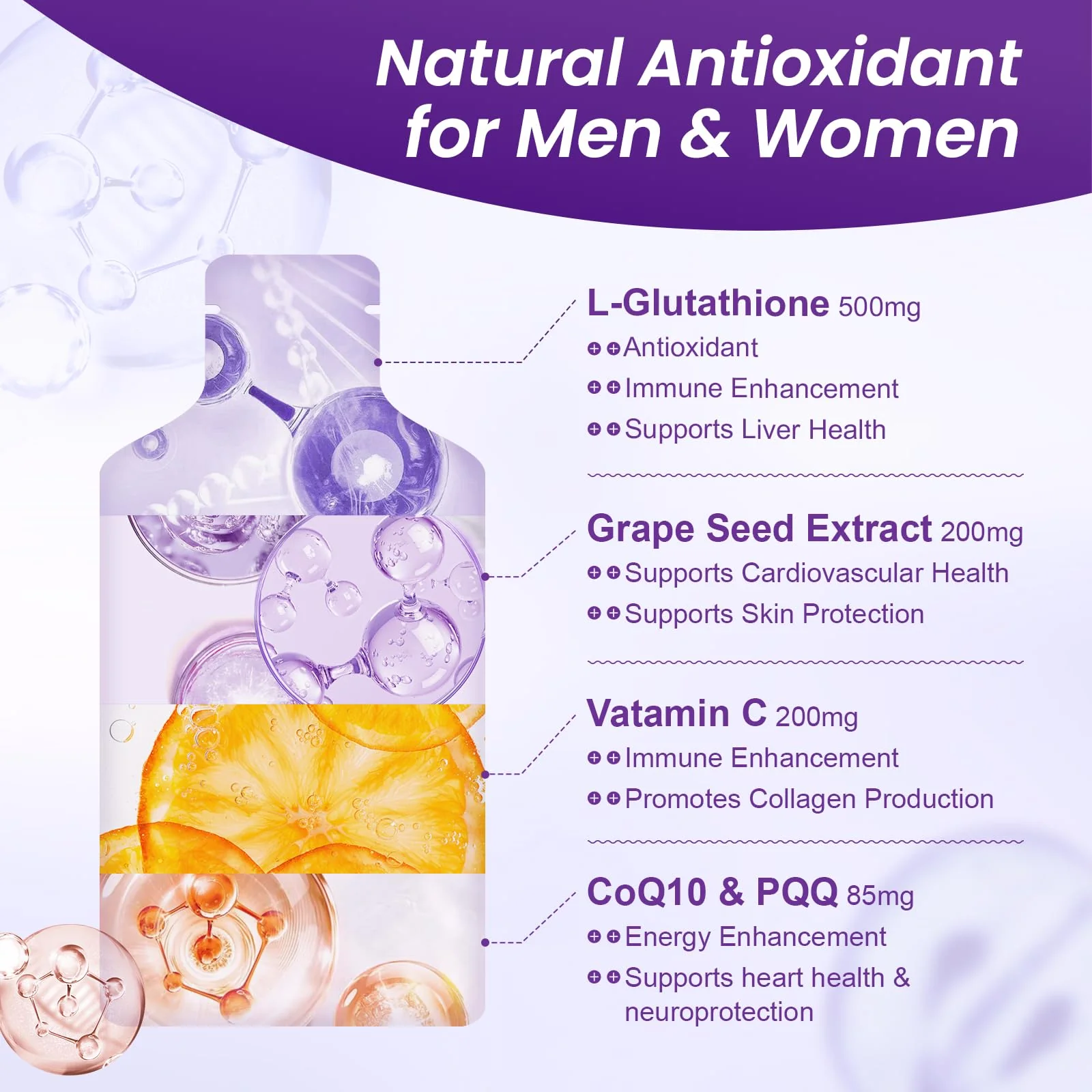 MEGNETA Liposomal Glutathione 500mg – PQQ CoQ10 Vitamin C | Grape Flavor, 30 Pouches - Image 3