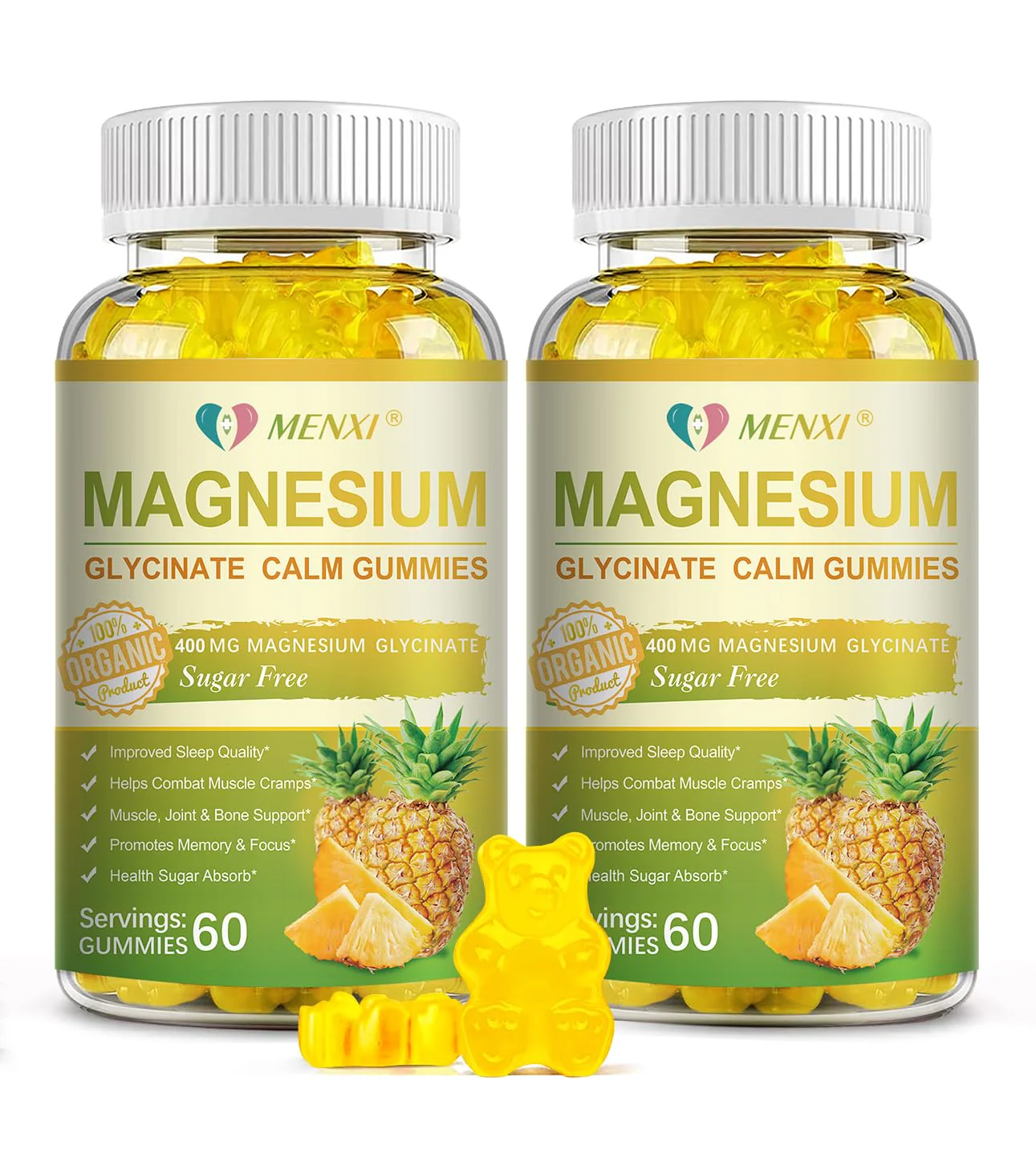 MENXI Magnesium Glycinate Gummies 400mg – Sugar Free Pineapple, Vitamin D, B6 & CoQ10 (120 Gummies) - Image 10