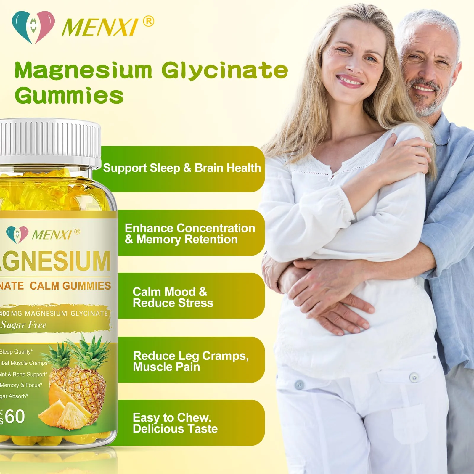 MENXI Magnesium Glycinate Gummies 400mg – Sugar Free Pineapple, Vitamin D, B6 & CoQ10 (120 Gummies) - Image 14