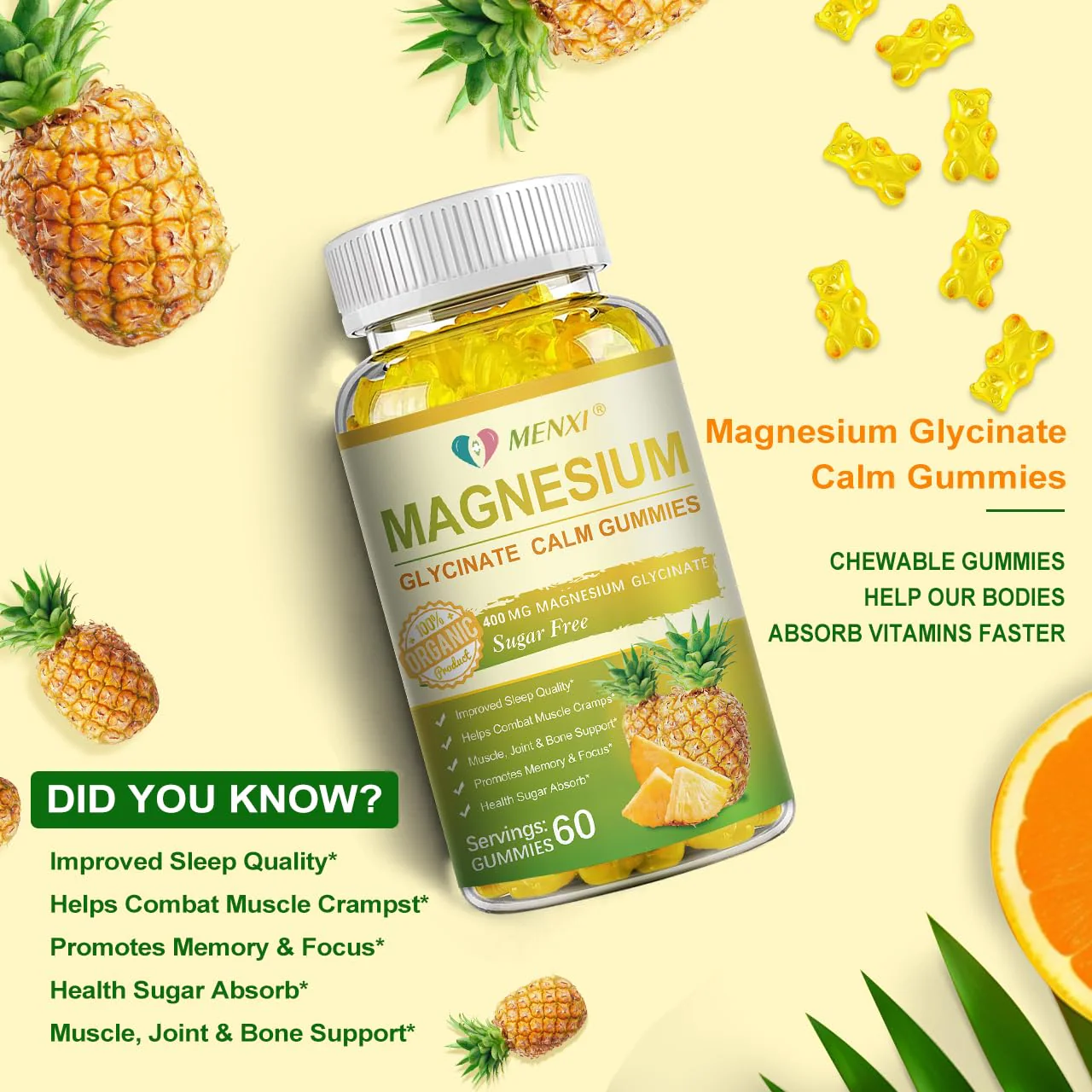 MENXI Magnesium Glycinate Gummies 400mg – Sugar Free Pineapple, Vitamin D, B6 & CoQ10 (120 Gummies) - Image 18