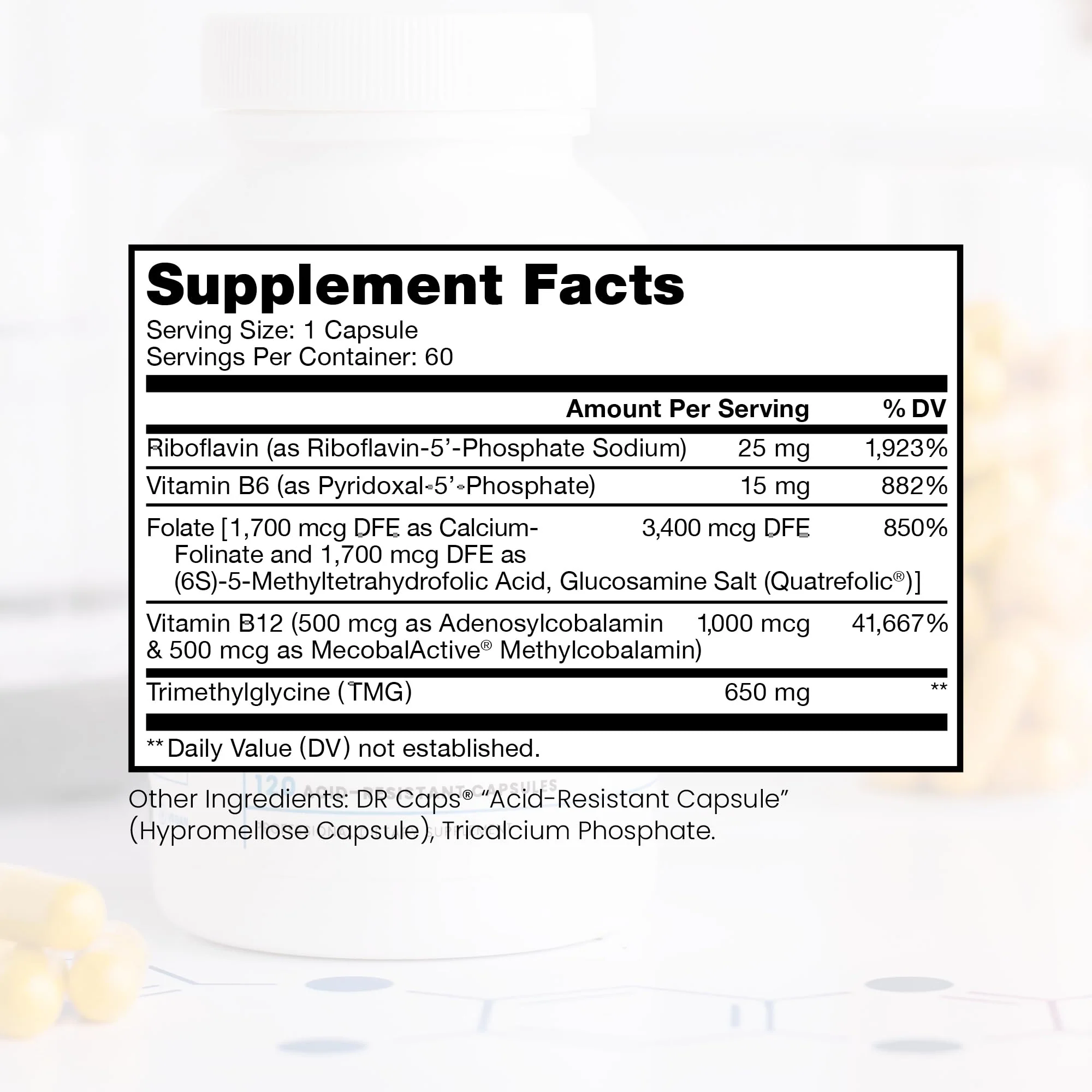 Methyl B Complete - 60 Vegetable Capsules | Optimal Methylation Support with Quatrefolic 5-MTHF (Active folate), Methylcobalamin (Active B12), B2, B6, and TMG | Pharmaceutical Grade - Image 2