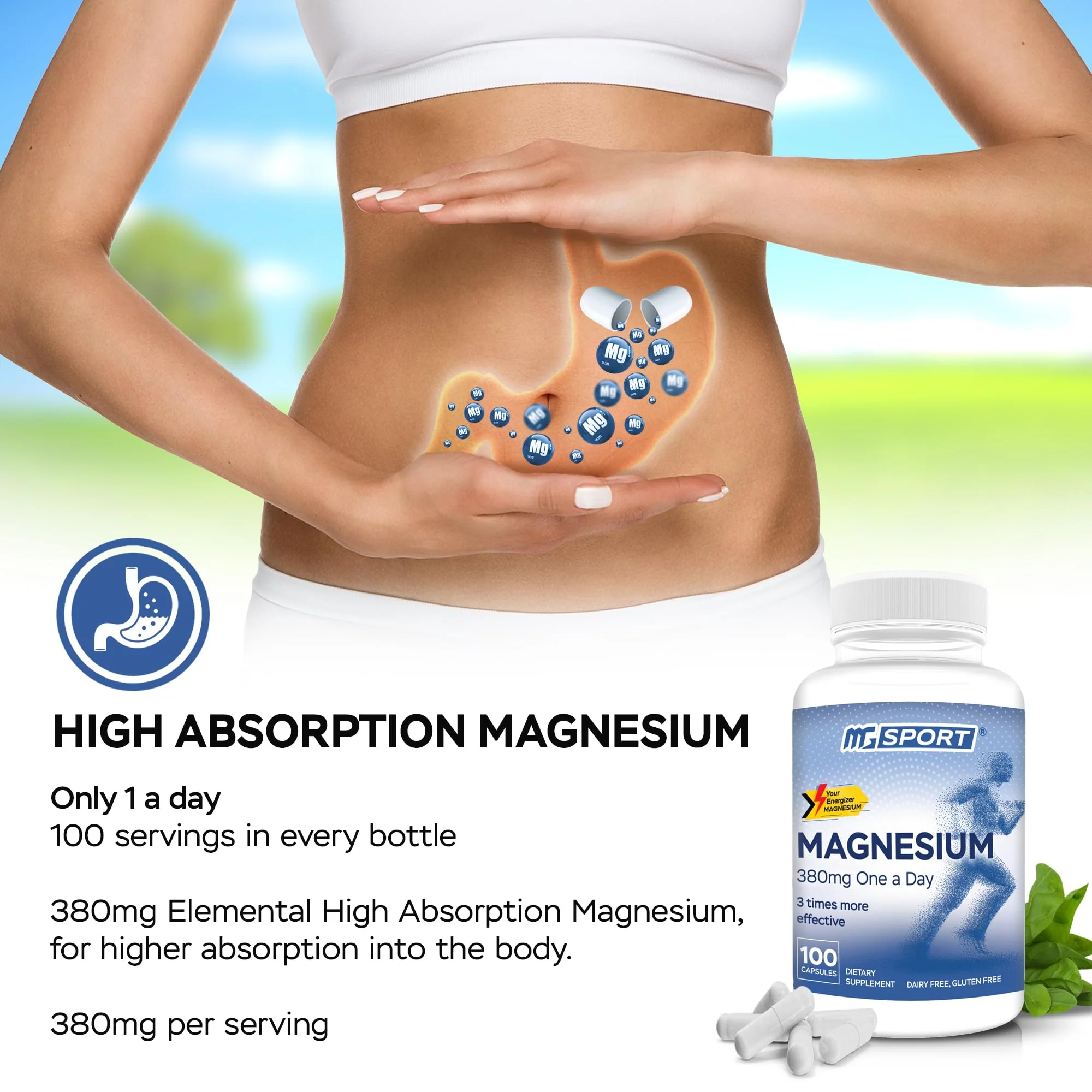 MGSPORT Magnesium Supplement Complex – High Absorption with Vitamin B6, D & E | 100 Servings - Image 2