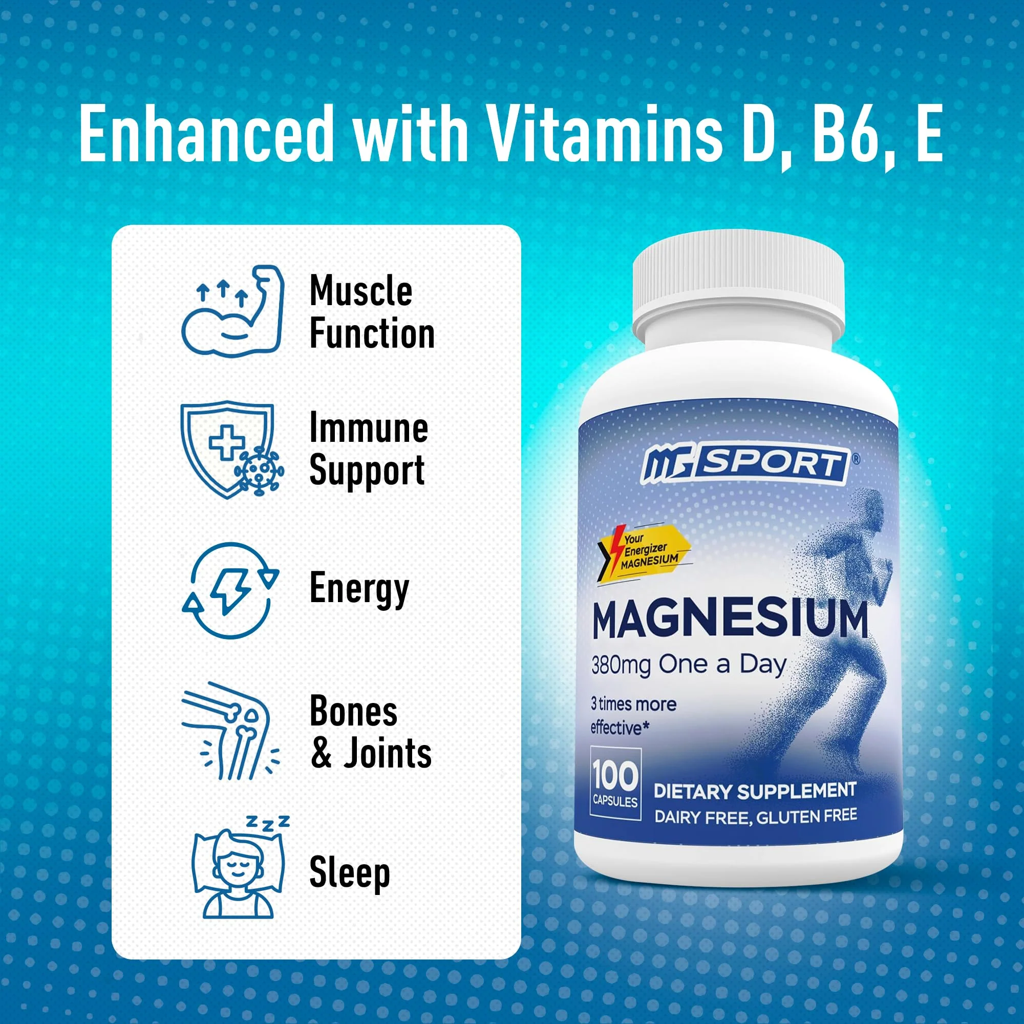MGSPORT Magnesium Supplement Complex – High Absorption with Vitamin B6, D & E | 100 Servings - Image 3