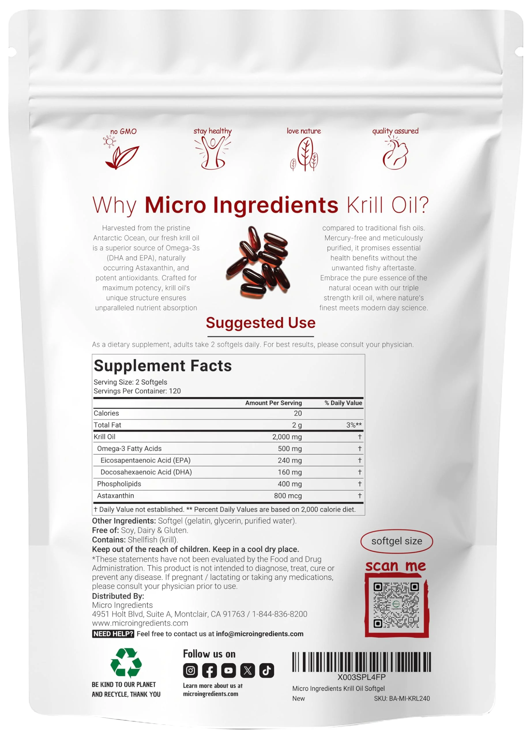 Micro Ingredients Antarctic Krill Oil - 2000mg/Serving, 240 Softgels, Omega-3 EPA/DHA & Astaxanthin - Image 2