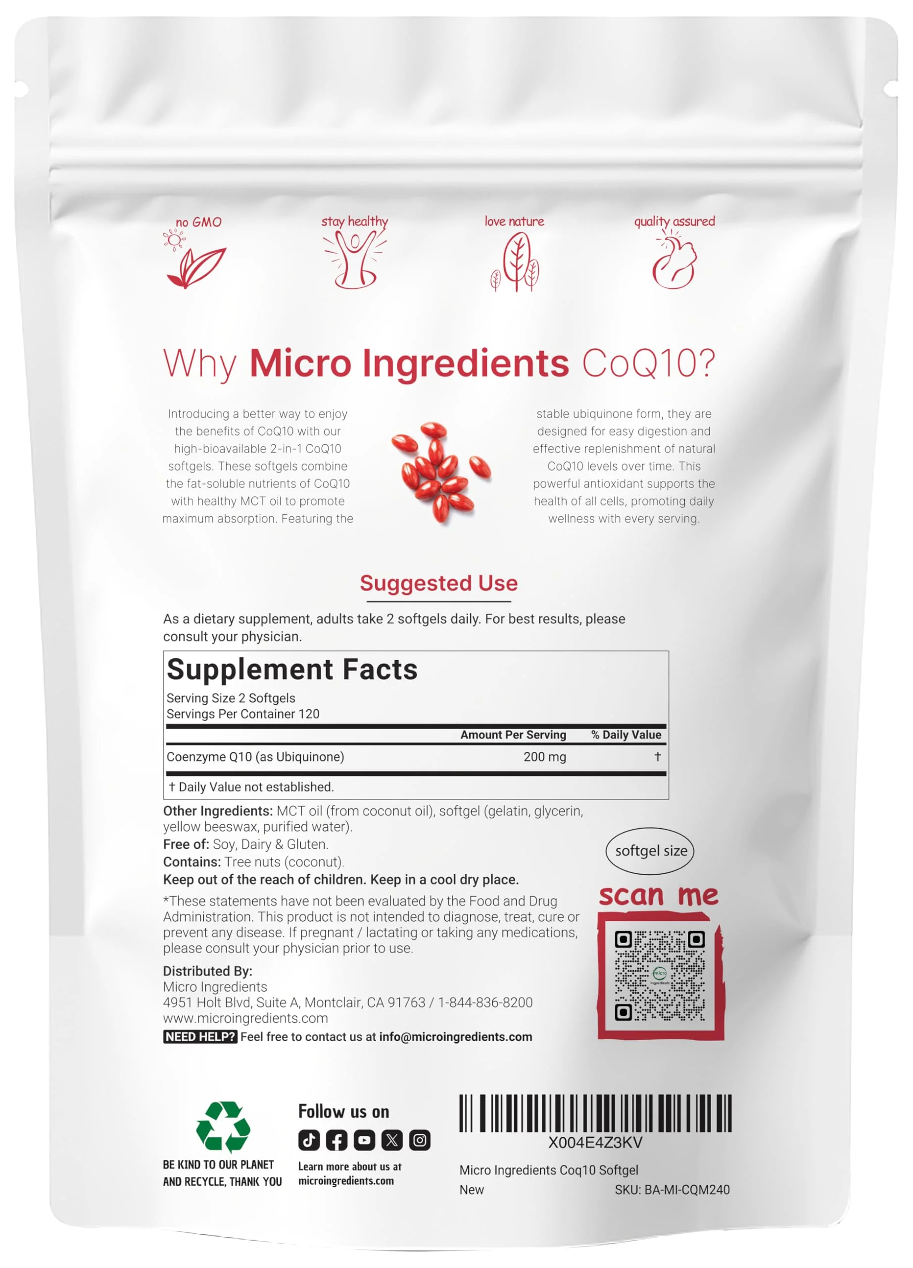 Micro Ingredients CoQ10 200mg Softgels with Coconut MCT Oil – 240 Softgels | High Absorption Ubiquinone - Image 2