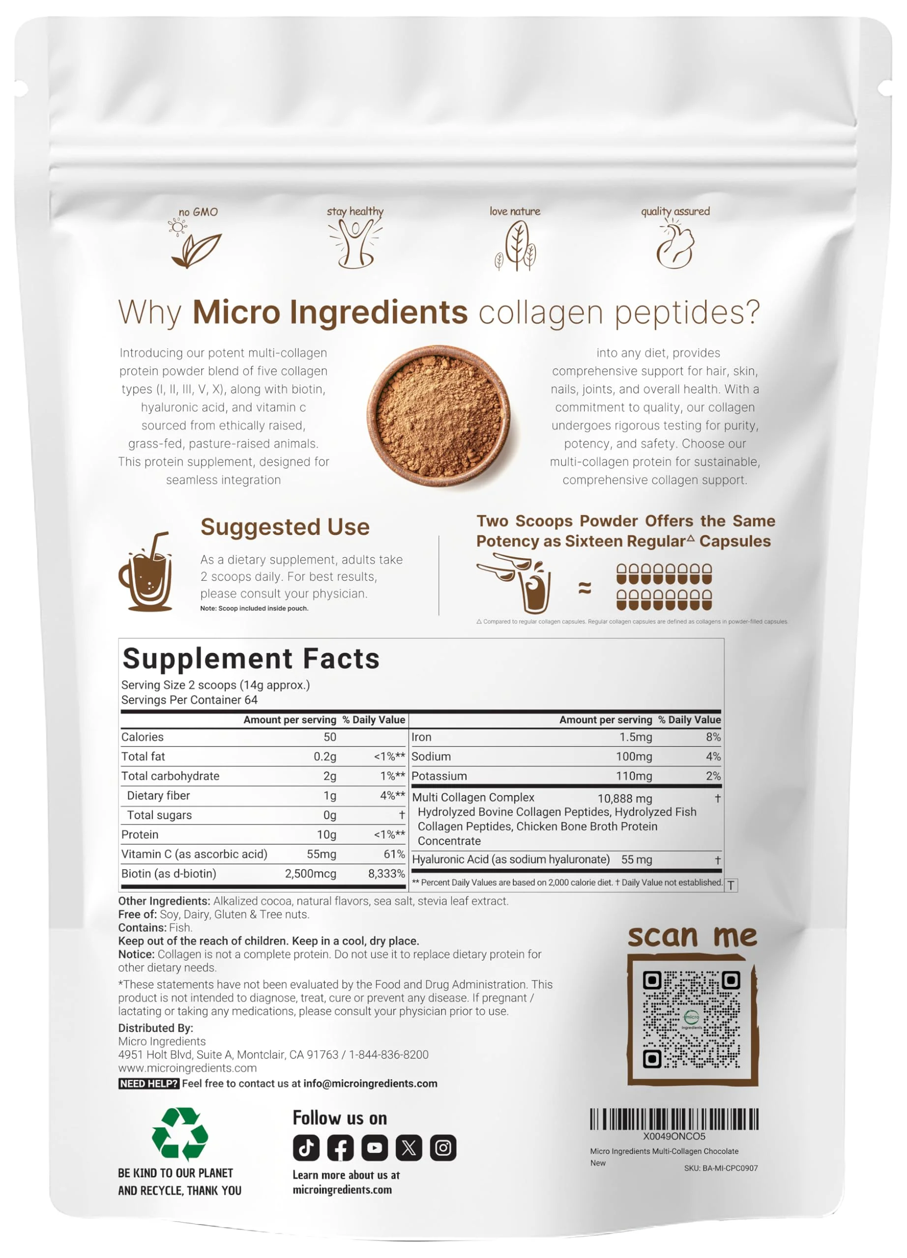 Micro Ingredients Multi Collagen Peptides Powder, 2lb | Type I, II, III, V, X + Biotin, Vitamin C & Hyaluronic Acid | Chocolate Flavor | Keto, Non-GMO - Image 8