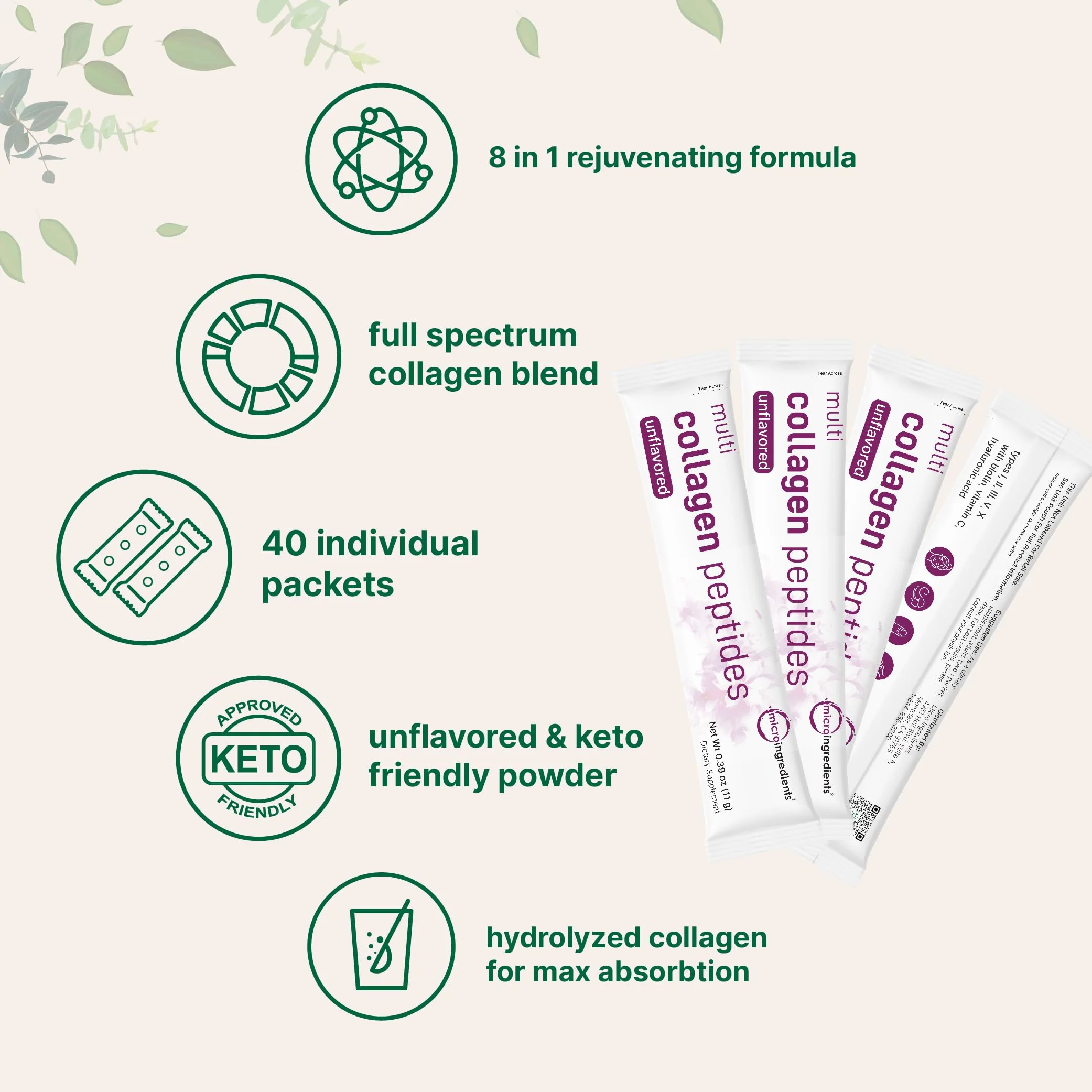 Micro Ingredients Multi Collagen Peptides Powder - 40 Stick Packs | Unflavored | Type I–X + Biotin, Vitamin C & Hyaluronic Acid | Keto & Non-GMO - Image 10