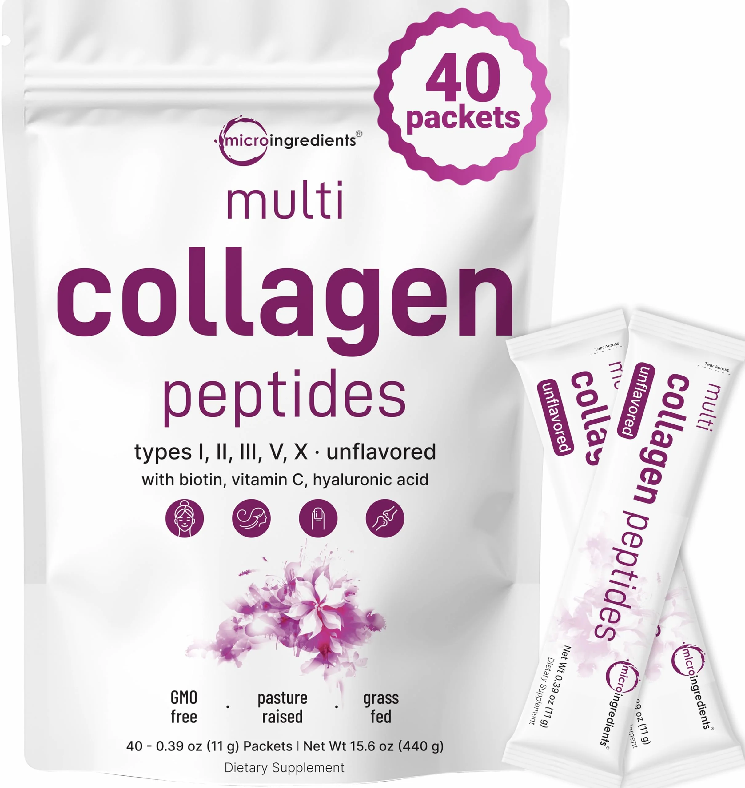 Micro Ingredients Multi Collagen Peptides Powder - 40 Stick Packs | Unflavored | Type I–X + Biotin, Vitamin C & Hyaluronic Acid | Keto & Non-GMO - Image 7
