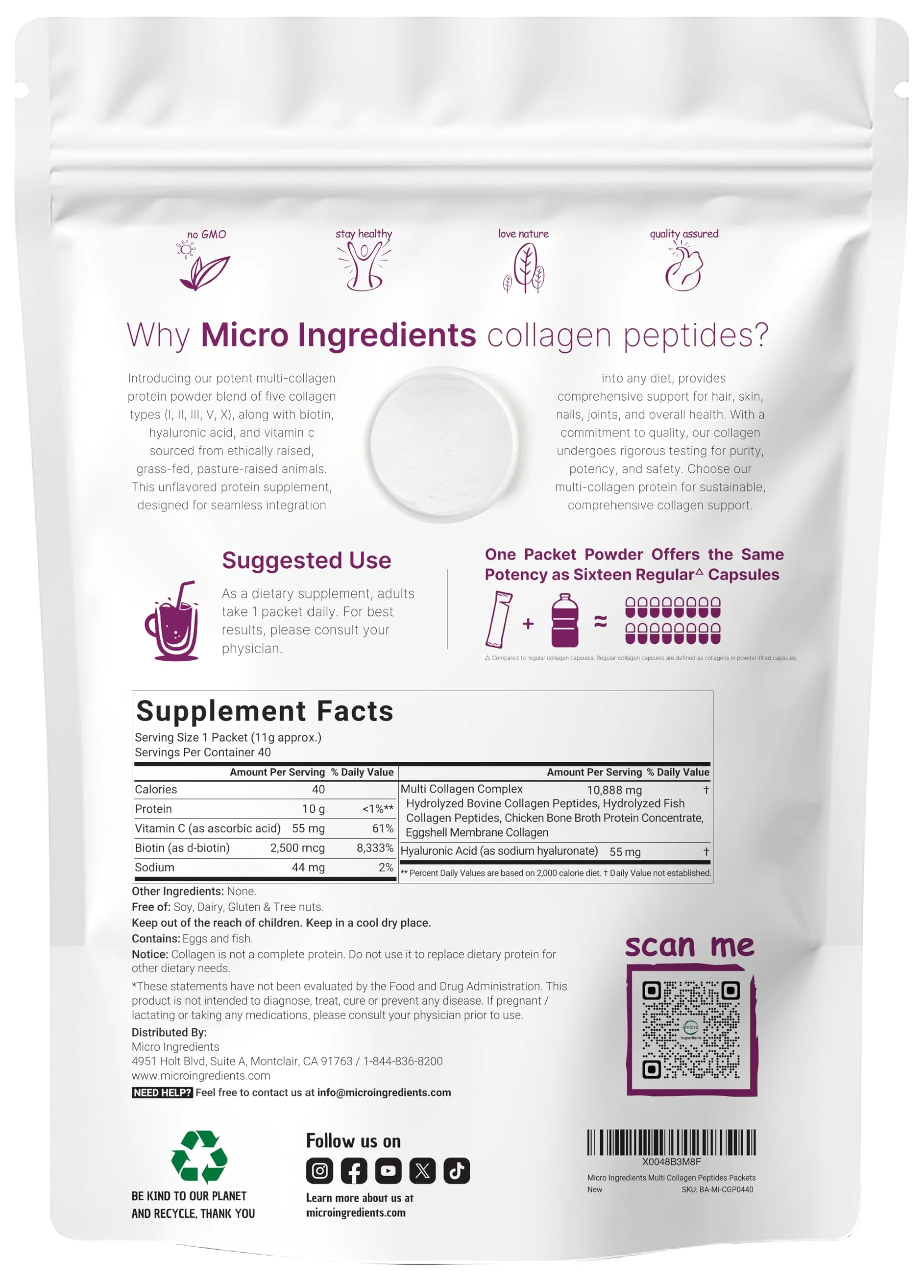 Micro Ingredients Multi Collagen Peptides Powder - 40 Stick Packs | Unflavored | Type I–X + Biotin, Vitamin C & Hyaluronic Acid | Keto & Non-GMO - Image 8