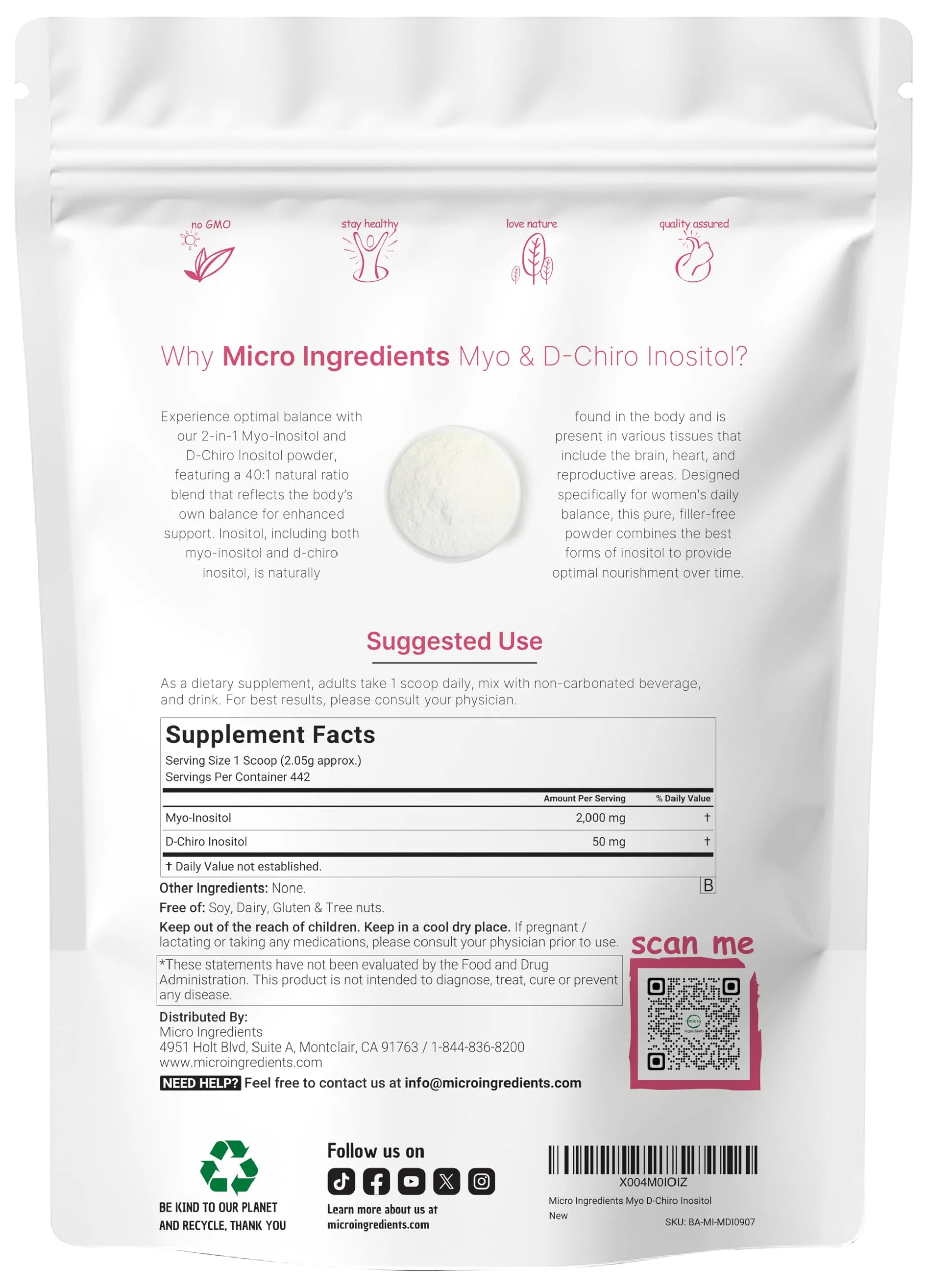 Micro Ingredients Myo-Inositol & D-Chiro Inositol Powder, 2 lb (442 Servings) | 40:1 Ratio for Women | Supports Hormonal Balance & Ovarian Health | Vegan, Non-GMO - Image 2