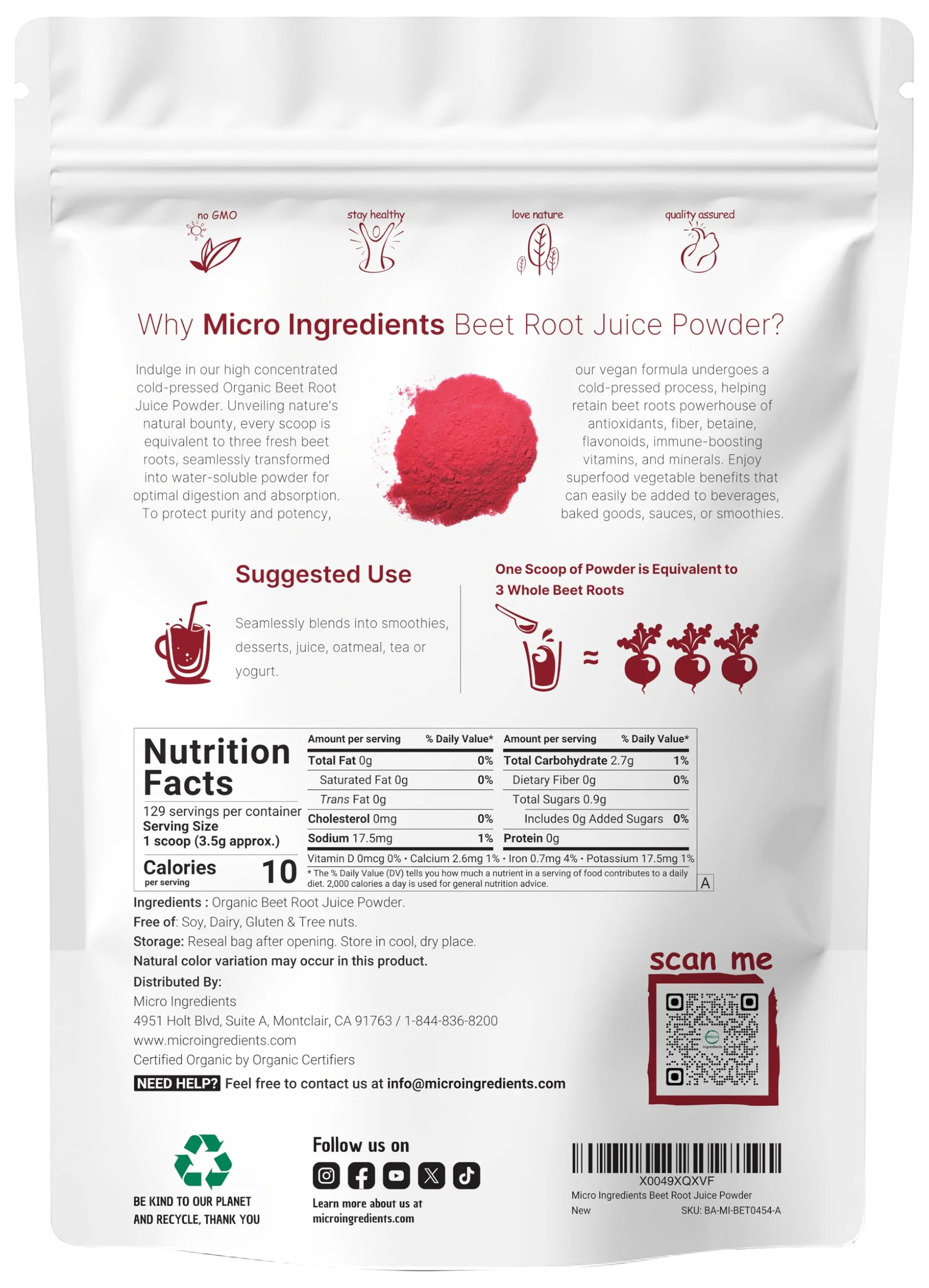 Micro Ingredients Organic Beet Root Powder - 1 lb, Cold-Pressed & Water-Soluble, Non-GMO - Image 2