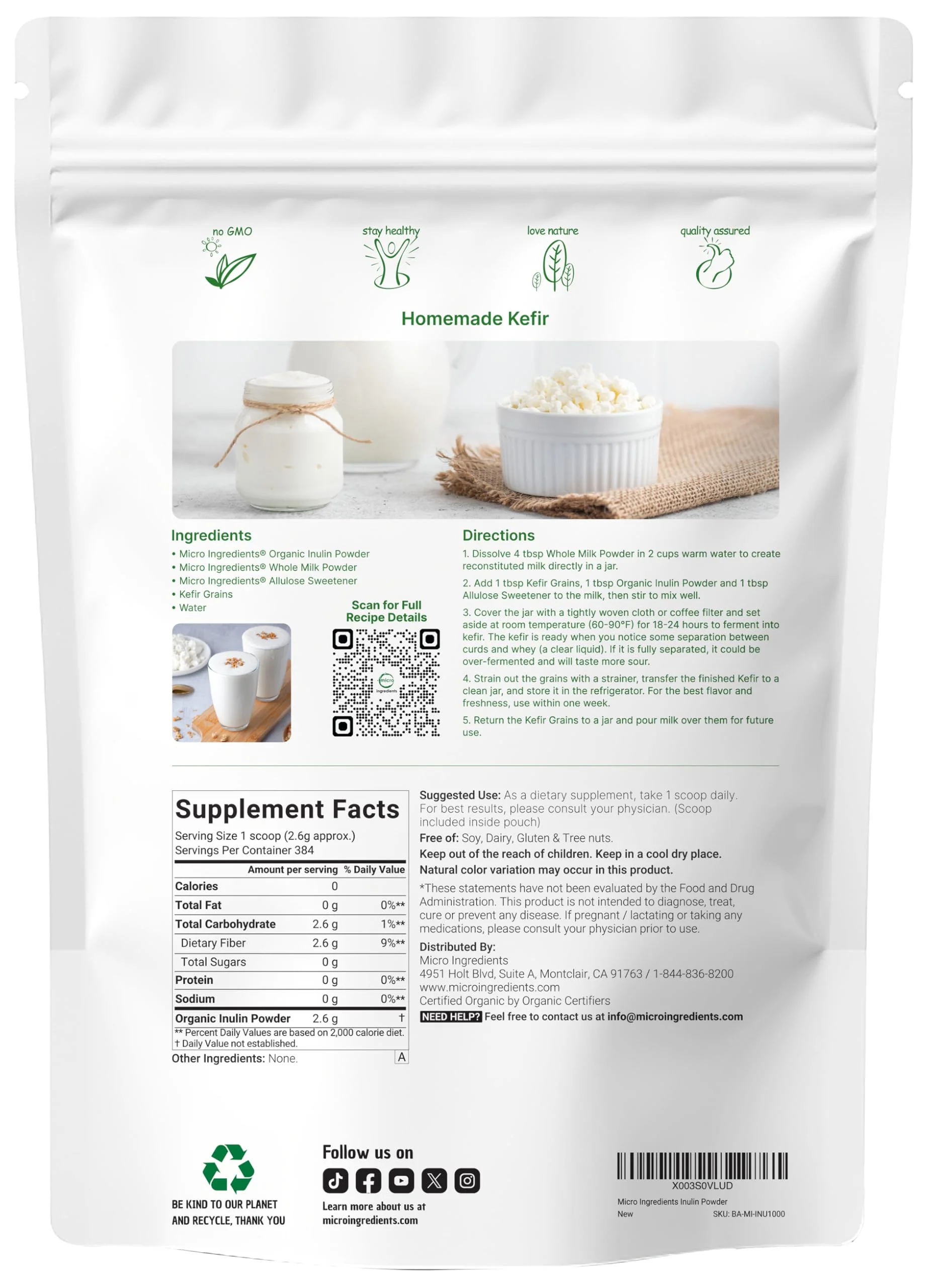 Micro Ingredients Organic Inulin FOS Fiber Powder 2.2 lb | Water-Soluble Prebiotic - Image 2