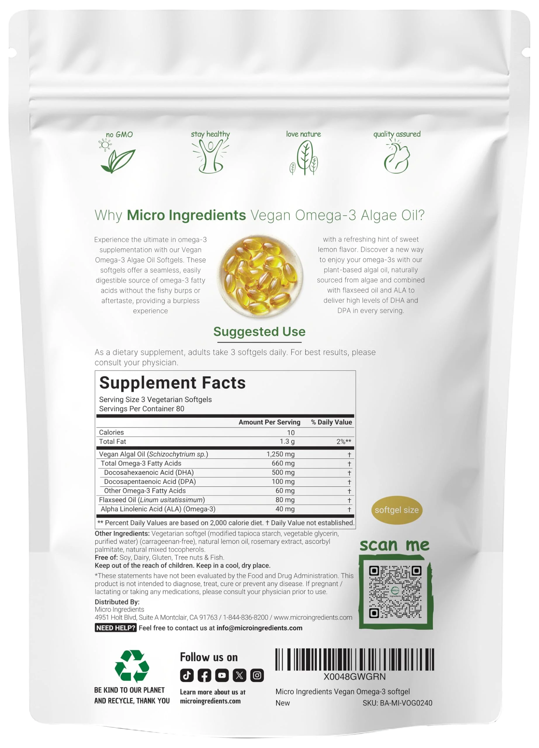 Micro Ingredients Vegan Omega-3 Algae Oil – 240 Veggie Softgels, DHA 500mg - Image 2