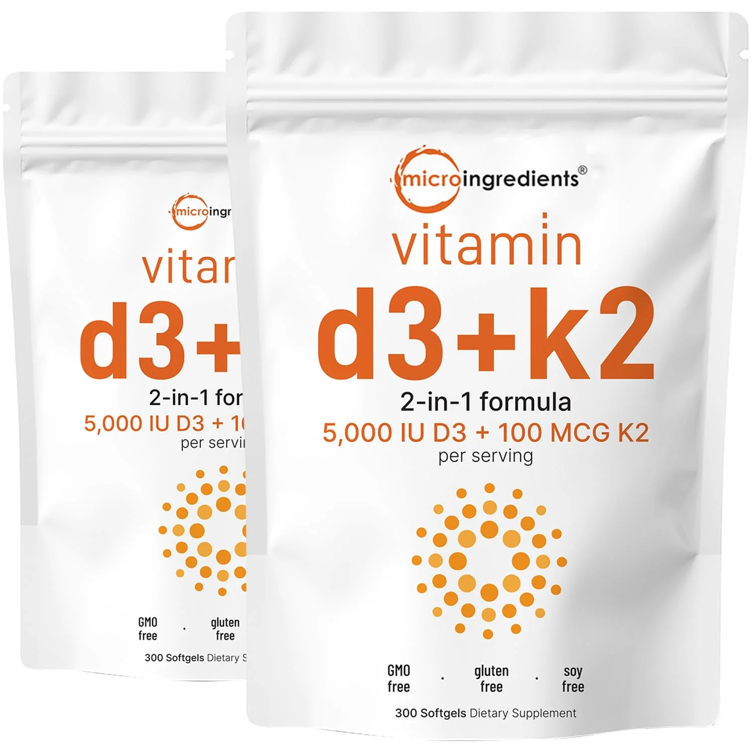 Micro Ingredients Vitamin D3 5,000 IU + K2 MK-7 100 mcg | 2 Pack (600 Softgels) | Sunflower Oil | Non-GMO | Gluten-Free