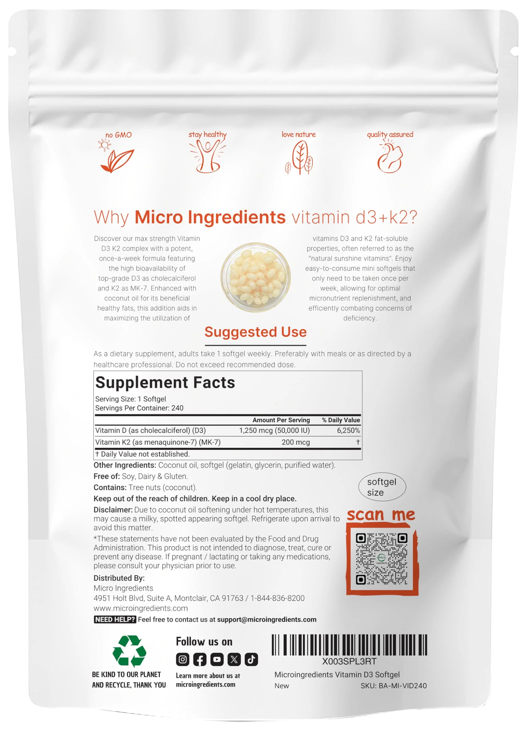 Micro Ingredients Vitamin D3 50,000 IU + K2 MK-7 200 mcg | 240 Softgels | Non-GMO - Image 2