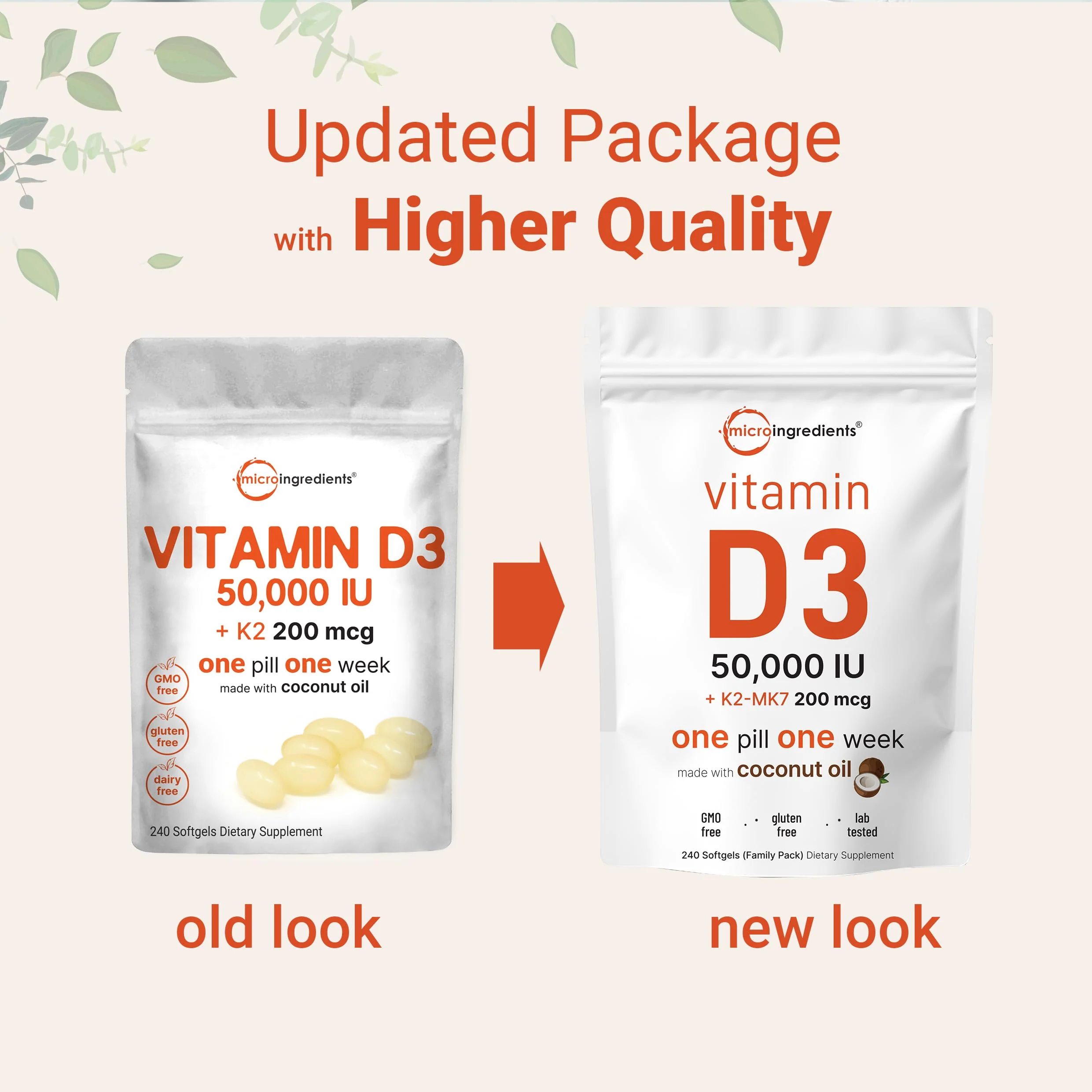 Micro Ingredients Vitamin D3 50,000 IU + K2 MK-7 200 mcg | 240 Softgels | Non-GMO - Image 3