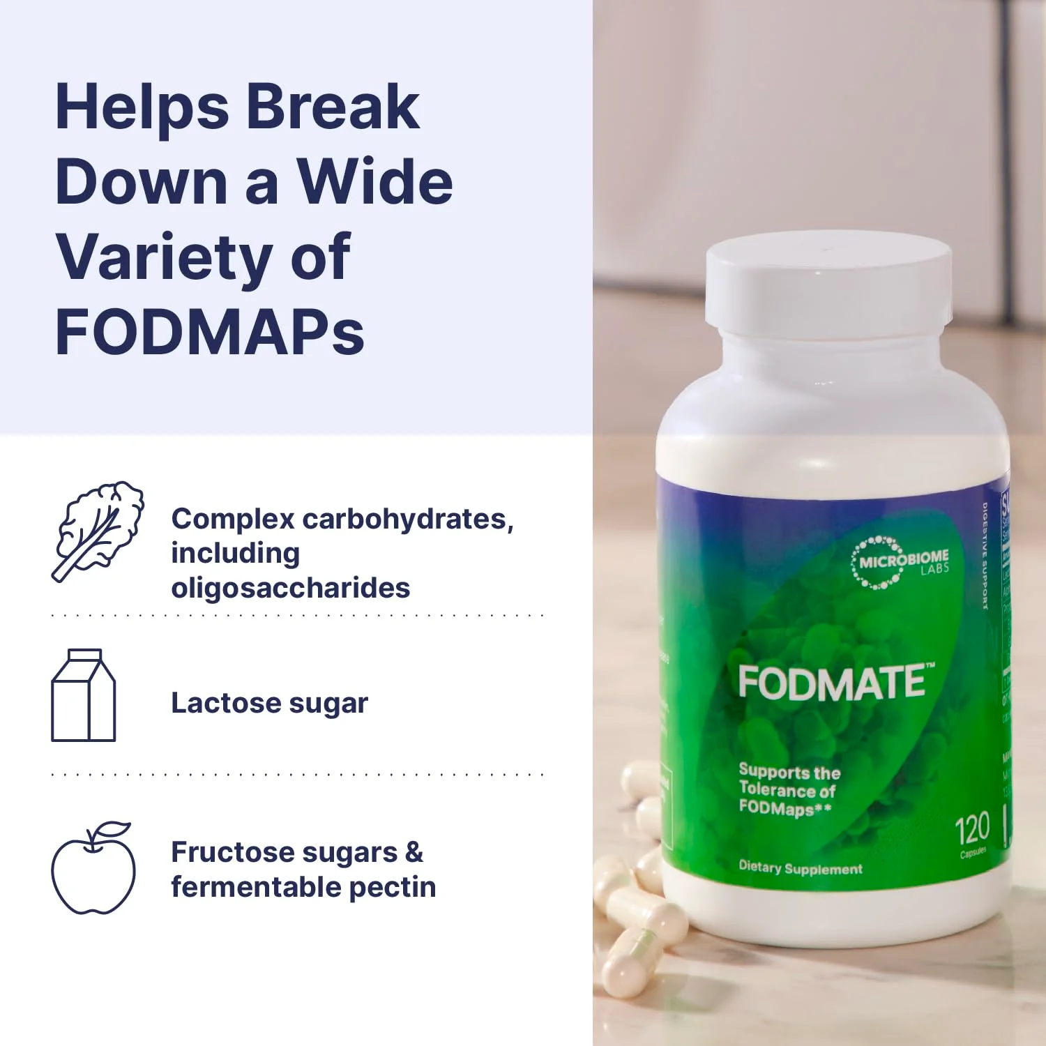 Microbiome Labs FODMATE Digestive Enzymes for Women & Men — Low FODMAP Support (120 Capsules) - Image 4