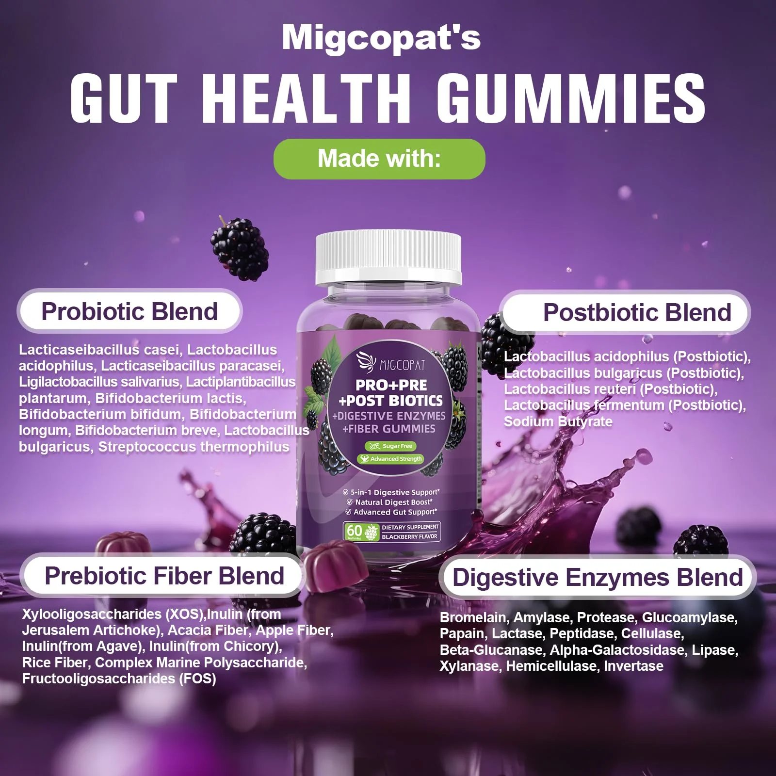 Migcopat Pre Post Probiotics Gummies – 5 in 1 Digestive Support, Blackberry Flavor, 120B CFU, Sugar Free & Vegan | 120 Ct - Image 3