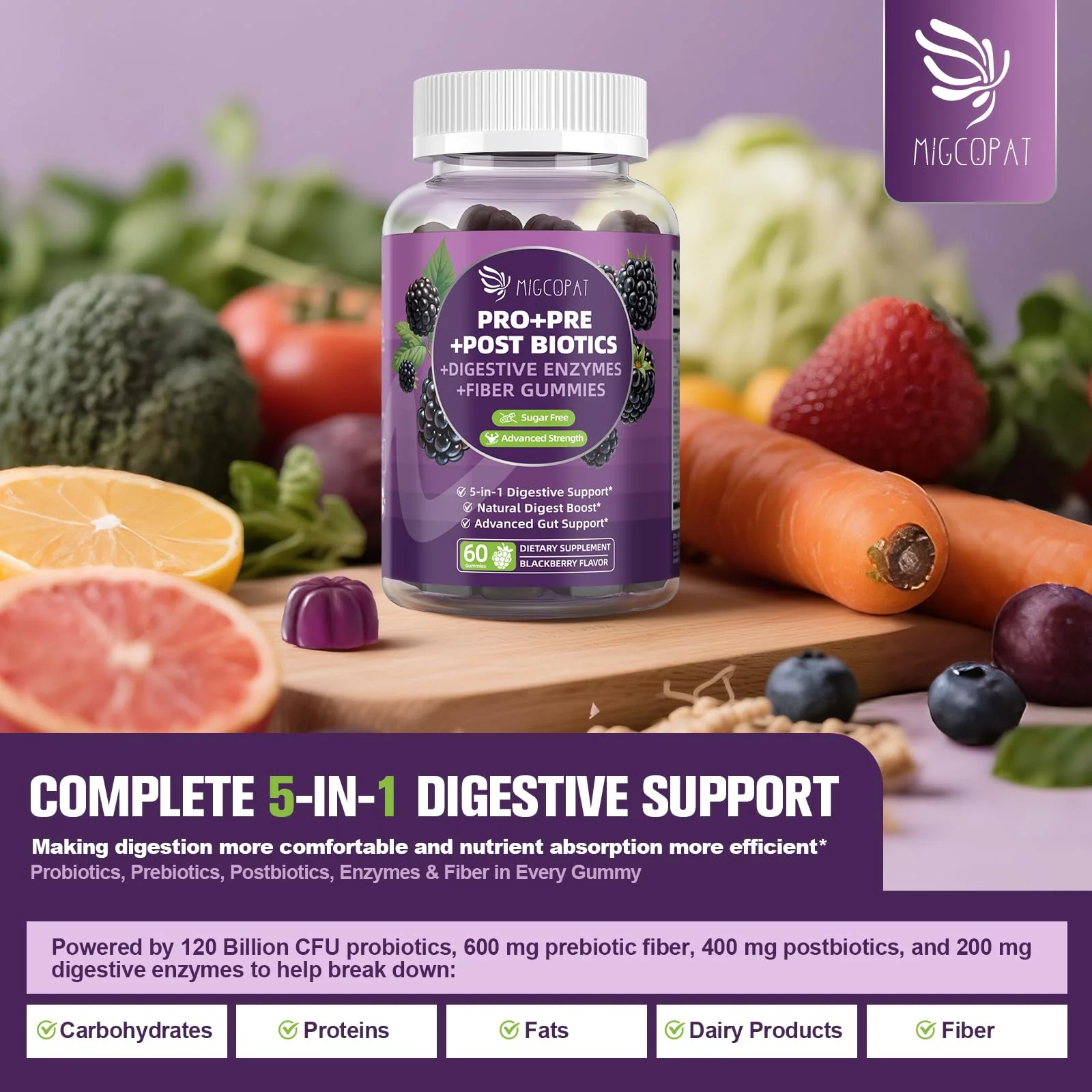 Migcopat Pre Post Probiotics Gummies – 5 in 1 Digestive Support, Blackberry Flavor, 120B CFU, Sugar Free & Vegan | 120 Ct - Image 4
