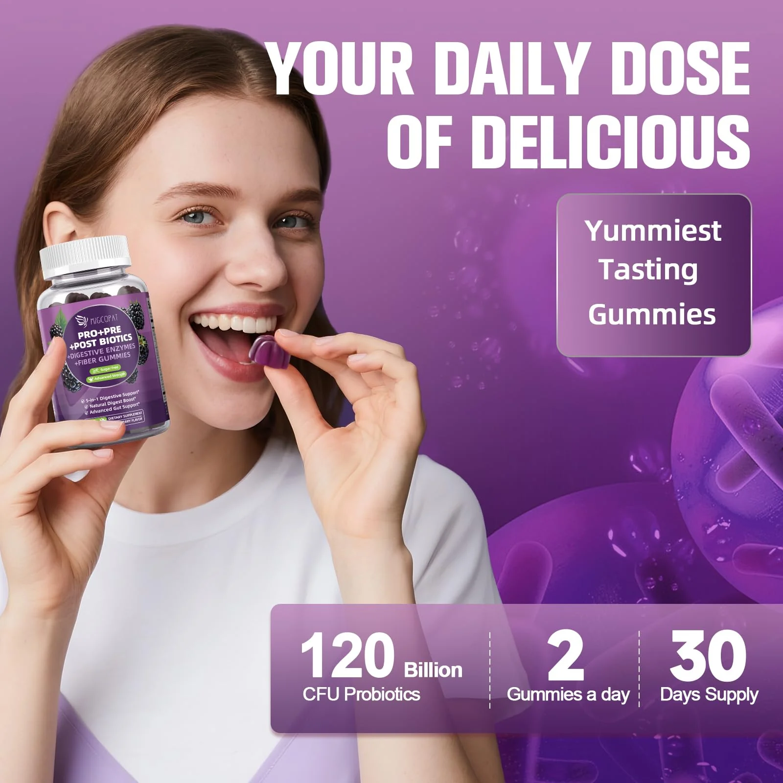 Migcopat Pre Post Probiotics Gummies – 5 in 1 Digestive Support, Blackberry Flavor, 120B CFU, Sugar Free & Vegan | 120 Ct - Image 6