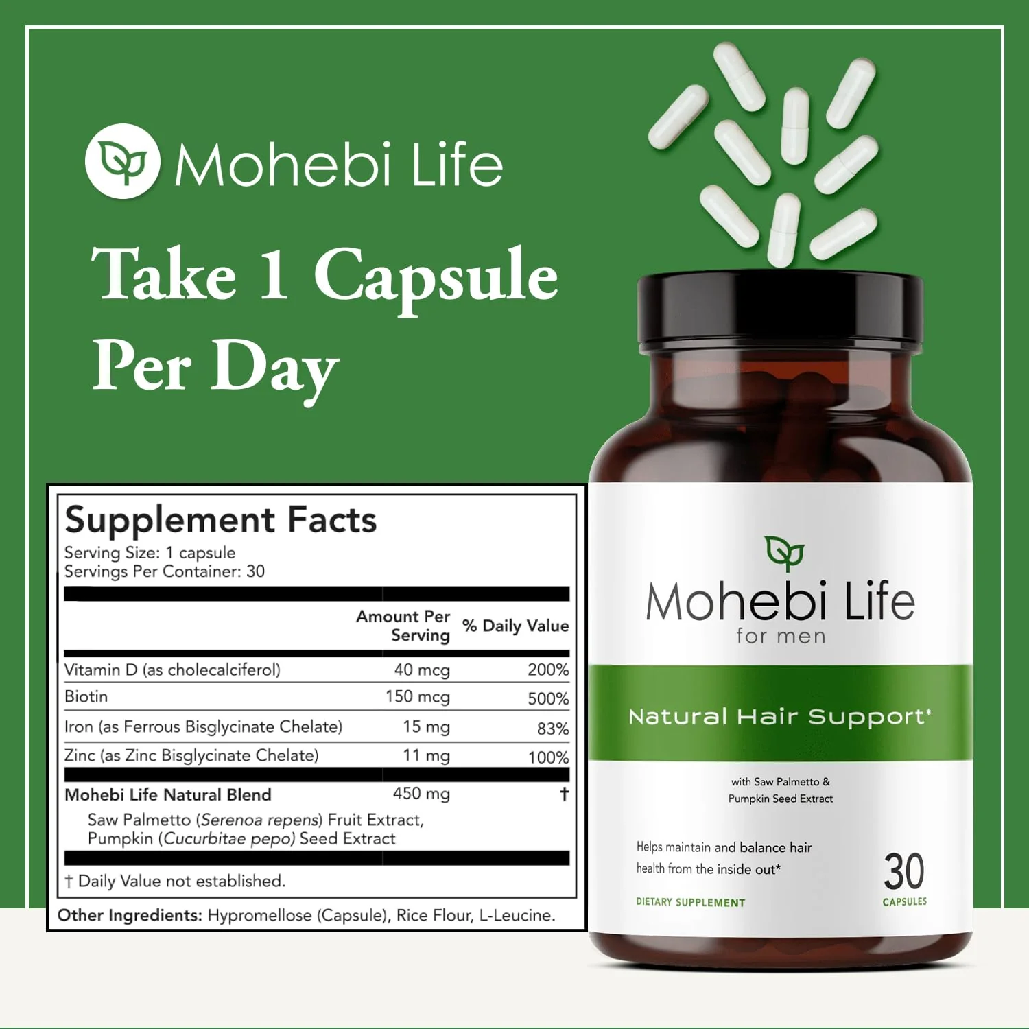 Mohebi Life Hair Growth Supplement for Men – Saw Palmetto, Pumpkin Seed Oil, Biotin | 30 Capsules - Image 6