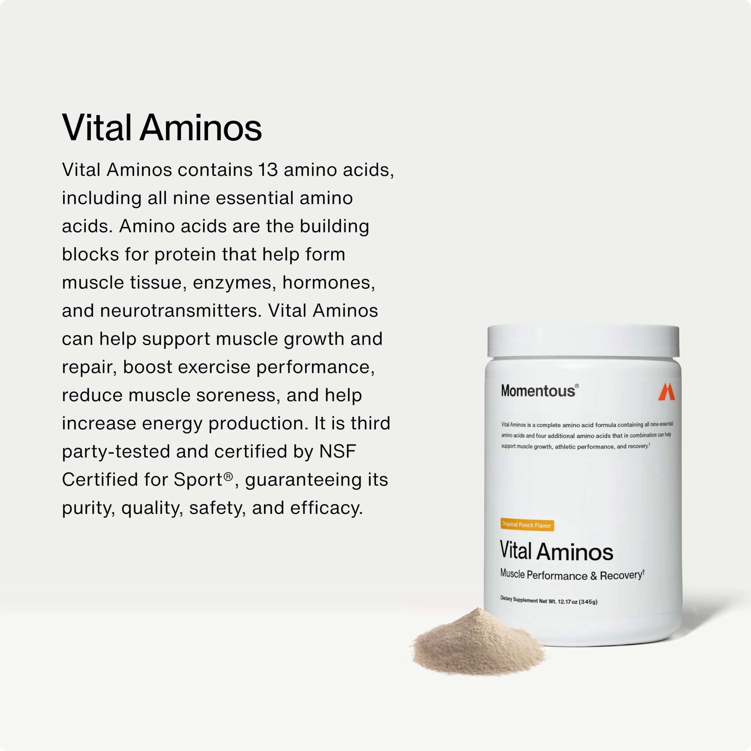 Momentous Vital Aminos Powder – 13 Amino Acids (EAAs + extras) | BCAA & EAA | Tropical Punch | NSF Certified for Sport | GMO & Gluten-Free | 30 Servings - Image 12