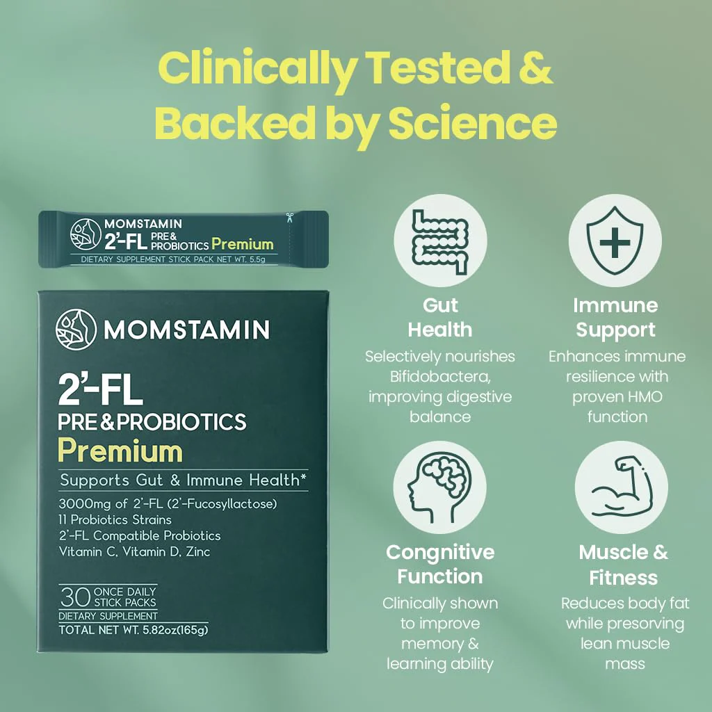 MOMSTAMIN Premium 3,000mg HMO 2'-FL Prebiotic Probiotic Powder – Immunity & Gut Health (30 Sticks) - Image 4