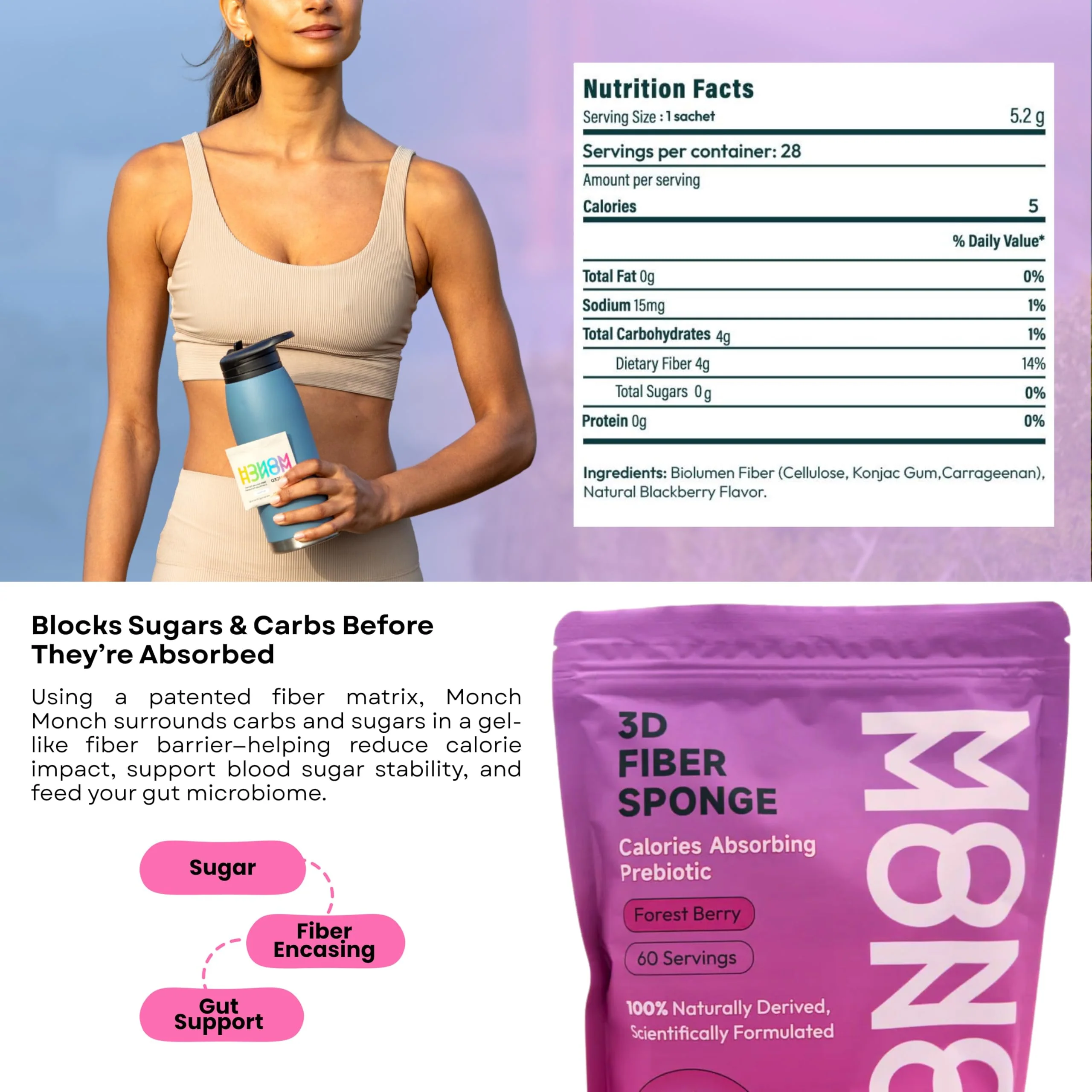 Monch Monch Calorie Absorbing Fiber Sponge – Forest Berry, 60 Ct – Vegan Konjac Gum + Prebiotic Fiber for Gut Health & Blood Sugar Support - Image 7