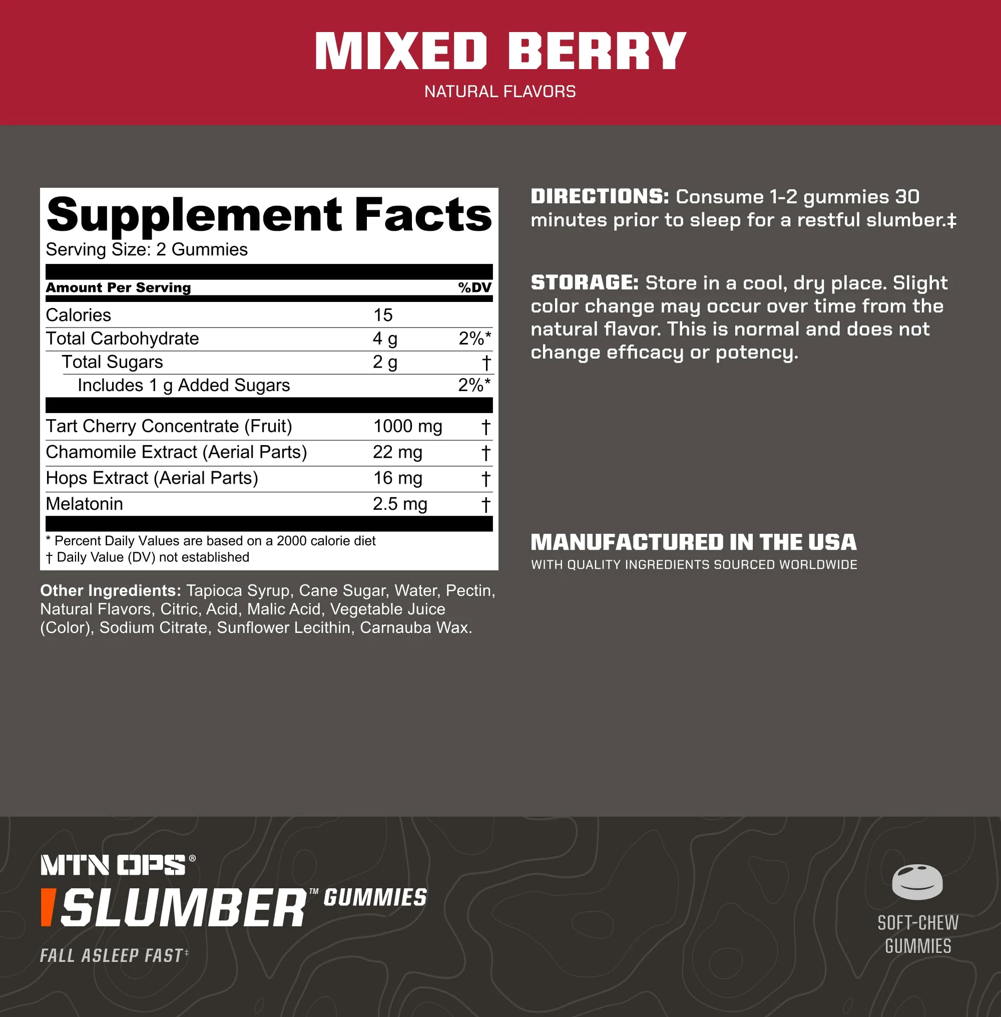 MTN OPS Slumber Sleep Gummies – Tart Cherry 1000mg, Melatonin 2.5mg, Mixed Berry | 60 Servings - Image 2
