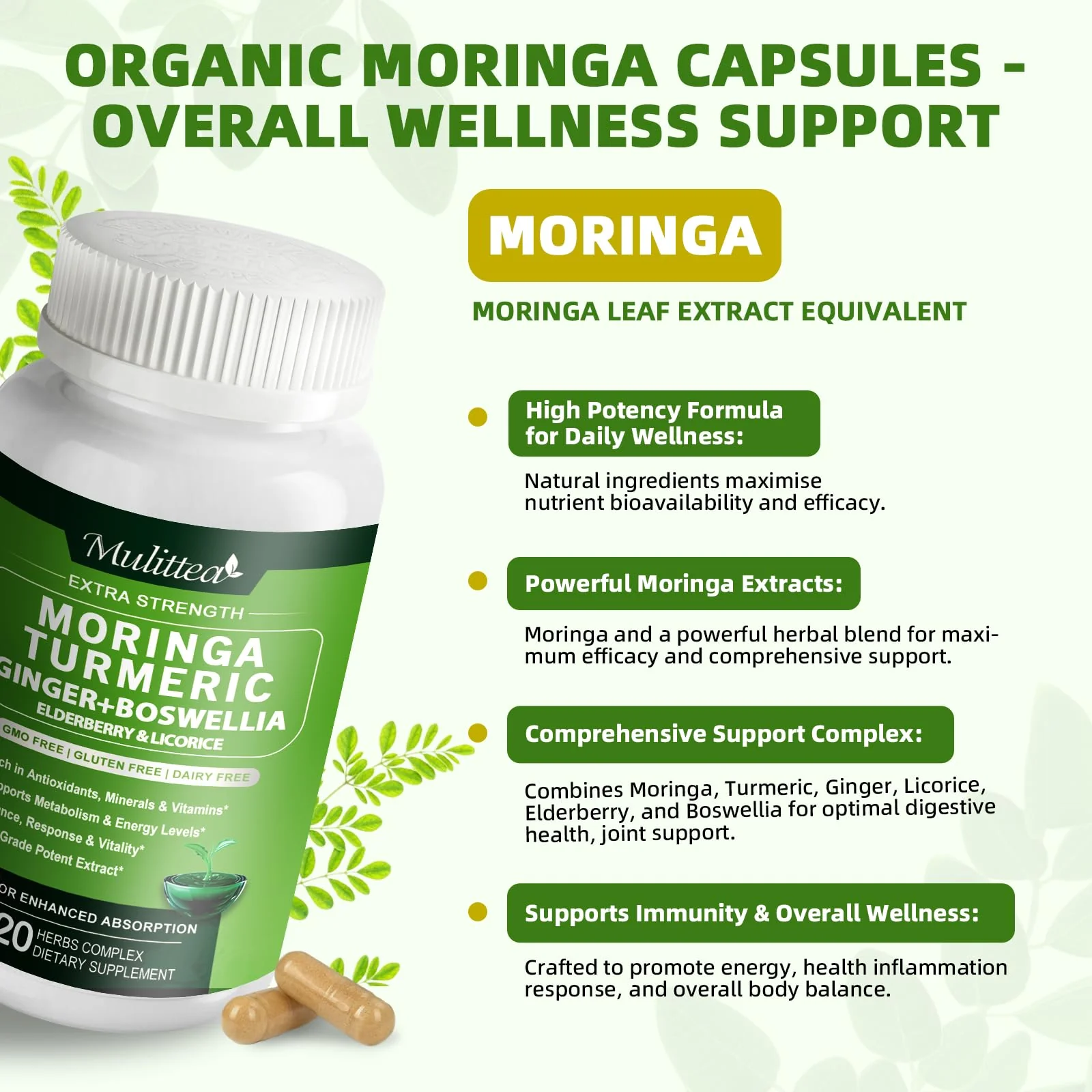 Mulittea Moringa Capsules 1000mg – 7-in-1 Turmeric, Ginger, Elderberry & Boswellia | 120 Vegan Capsules (2-Pack) - Image 3