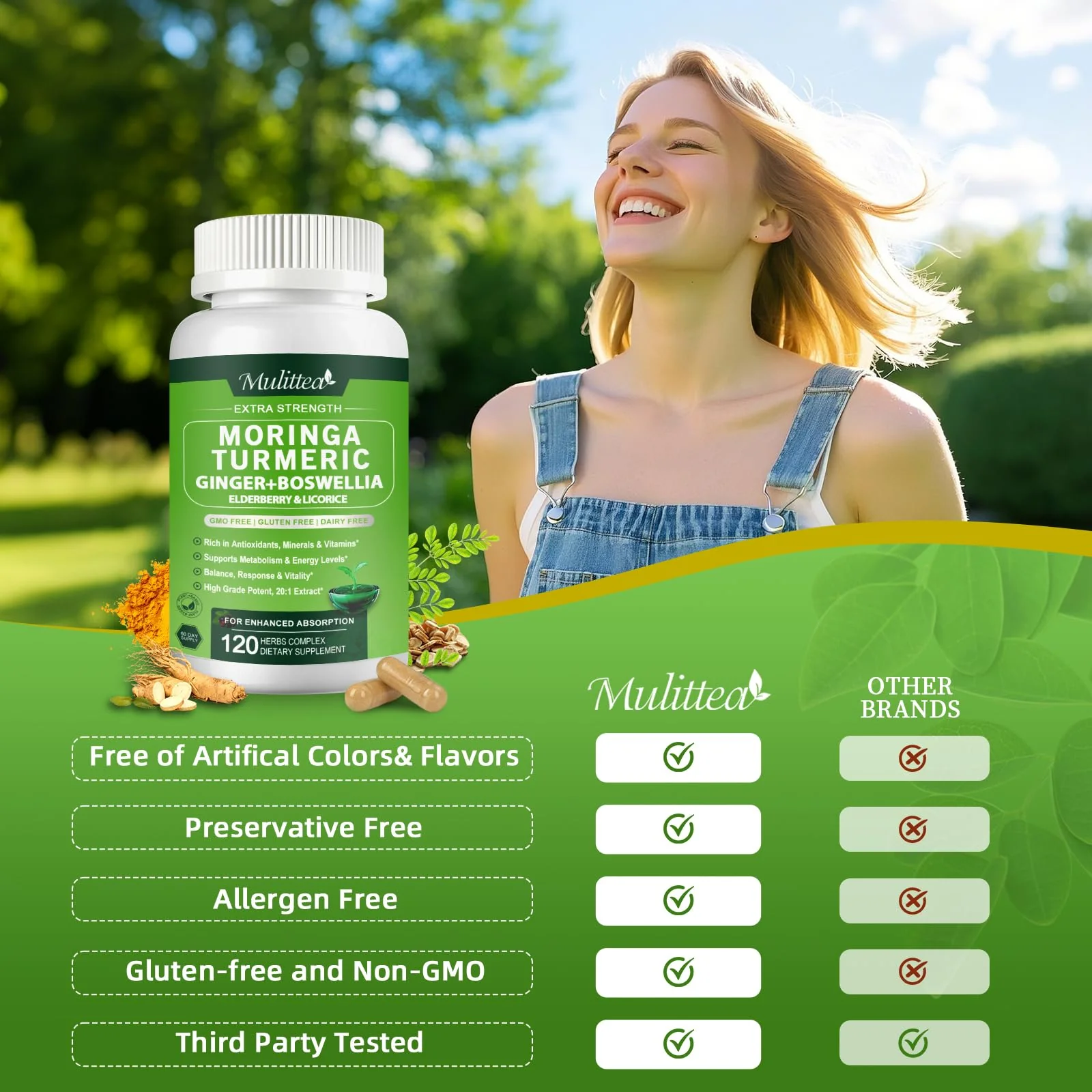 Mulittea Moringa Capsules 1000mg – 7-in-1 Turmeric, Ginger, Elderberry & Boswellia | 120 Vegan Capsules (2-Pack) - Image 7