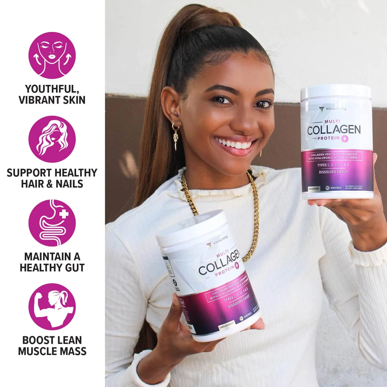 Multi Collagen Peptides for Women – Strawberry, 30 Servings | Hydrolyzed 5-Type Collagen, Vitamin C & Hyaluronic Acid - Image 3