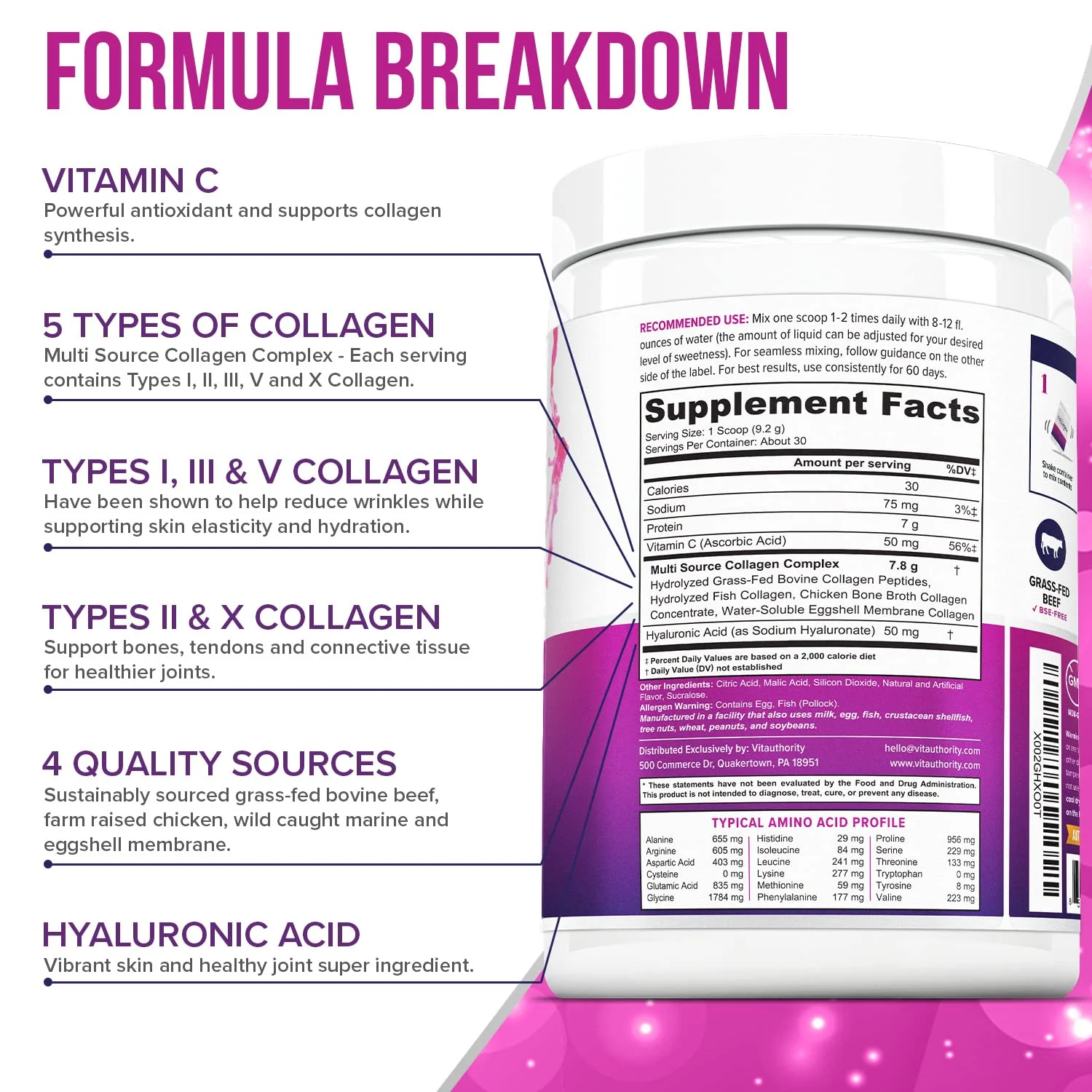 Multi Collagen Peptides Powder for Women – Hydrolyzed Collagen with Types I II III V X, Vitamin C & Hyaluronic Acid – Hair, Skin & Nails (Pink Lemonade) – 30 Servings - Image 2