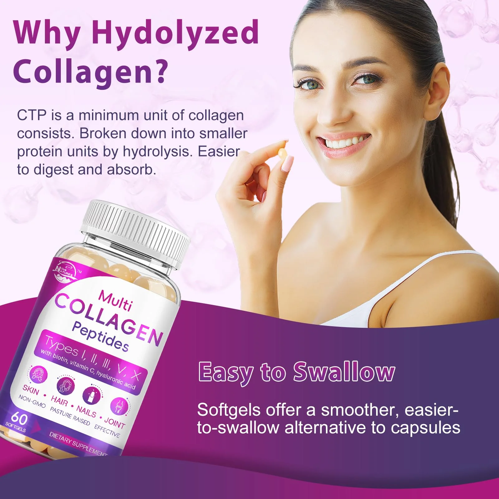 Multi Collagen Peptides Softgels (Type I-X) with Biotin, Vitamin C & Hyaluronic Acid | Grass-Fed, Non-GMO | 60 Softgels, 2-Pack - Image 4