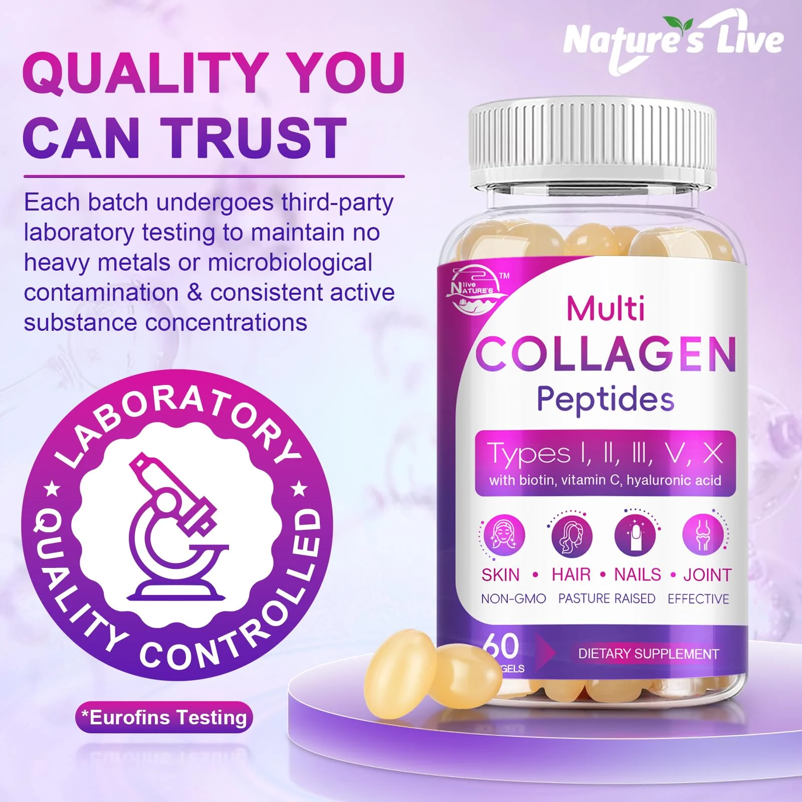 Multi Collagen Peptides Softgels (Type I-X) with Biotin, Vitamin C & Hyaluronic Acid | Grass-Fed, Non-GMO | 60 Softgels, 2-Pack - Image 6