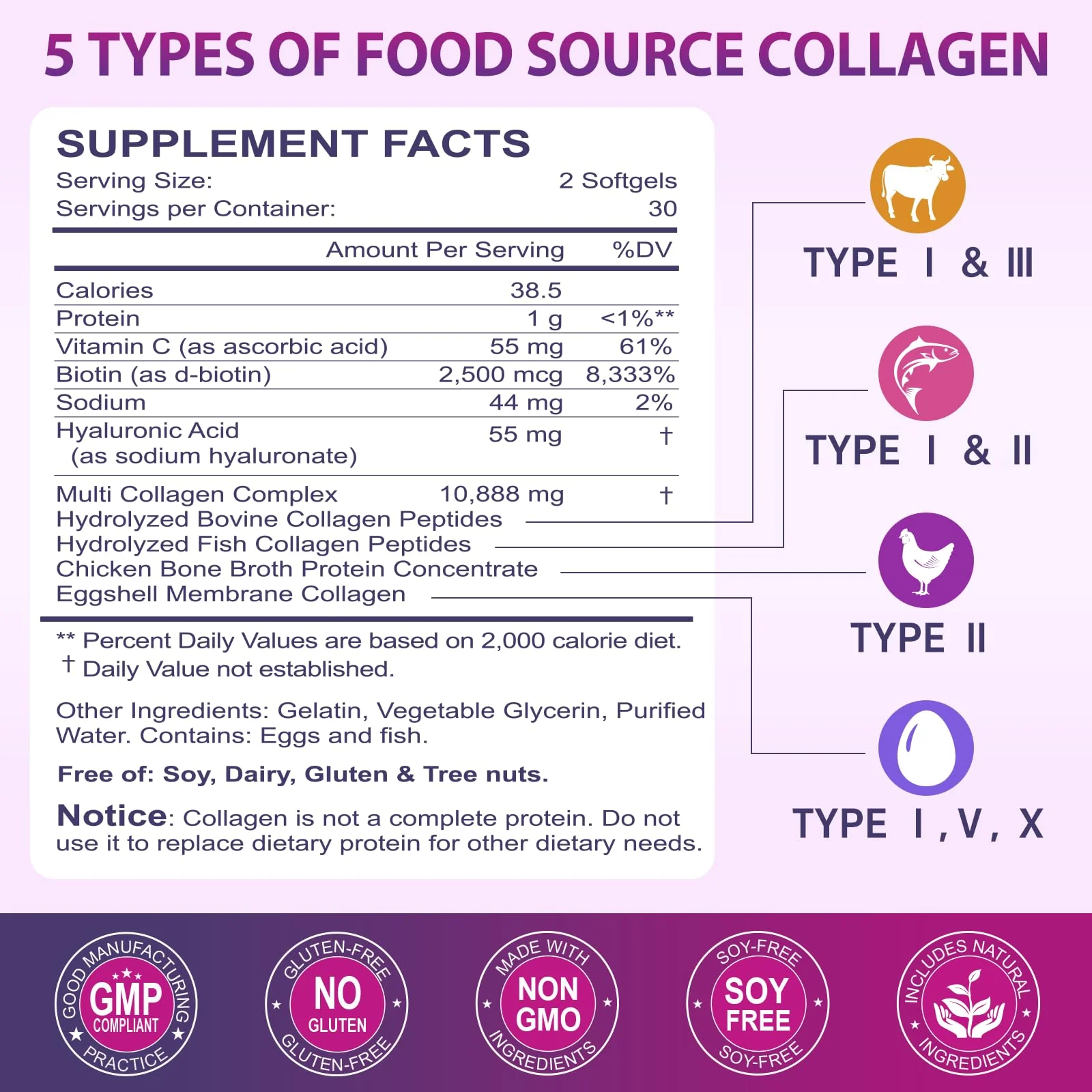 Multi Collagen Peptides Softgels (Type I-X) with Biotin, Vitamin C & Hyaluronic Acid | Grass-Fed, Non-GMO | 60 Softgels, 2-Pack - Image 7