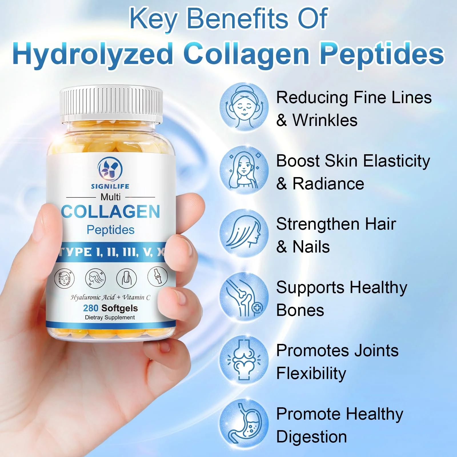 Multi Collagen Peptides with Hyaluronic Acid & Vitamin C – Skin, Hair & Nails | 280 Softgels | Non-GMO - Image 3