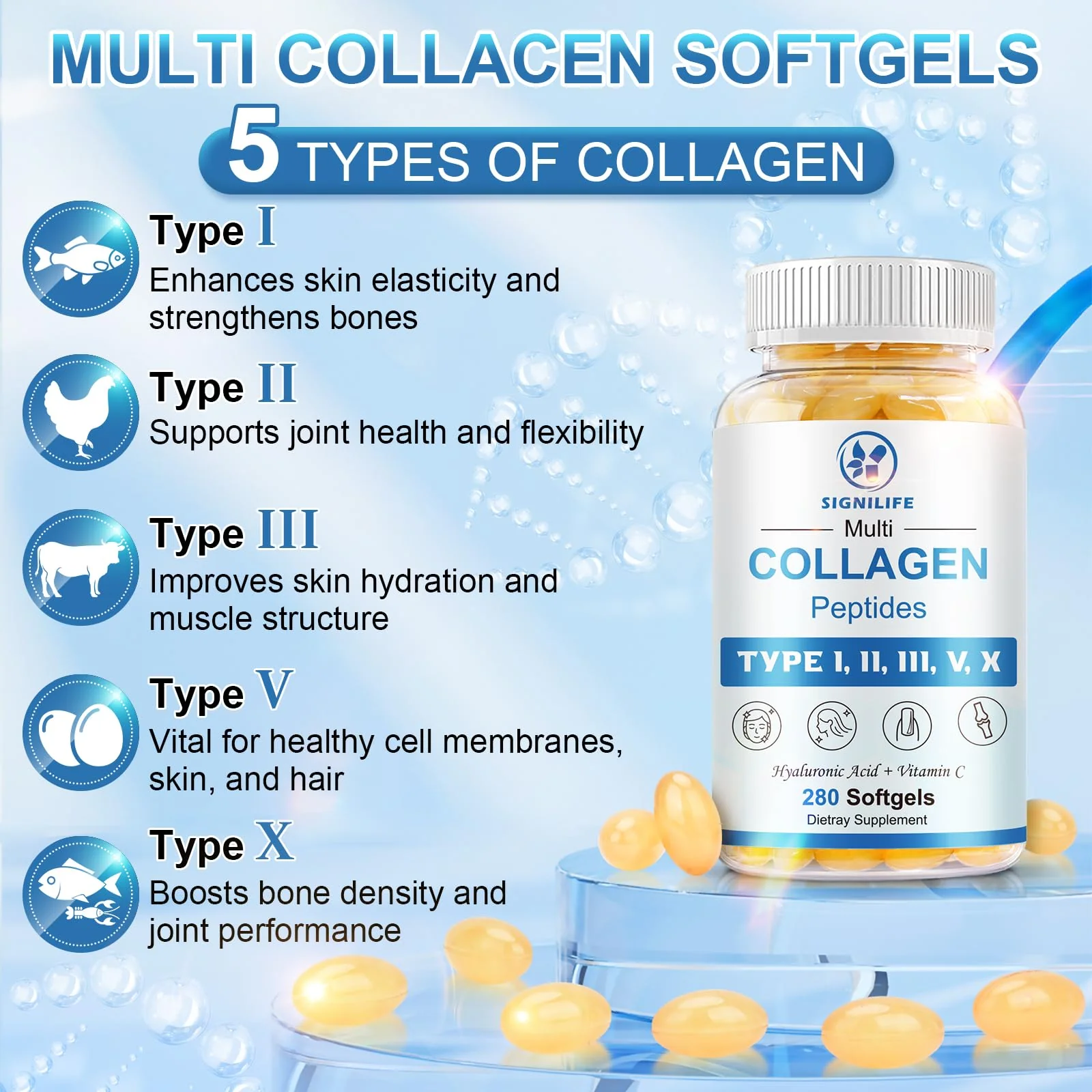 Multi Collagen Peptides with Hyaluronic Acid & Vitamin C – Skin, Hair & Nails | 280 Softgels | Non-GMO - Image 4