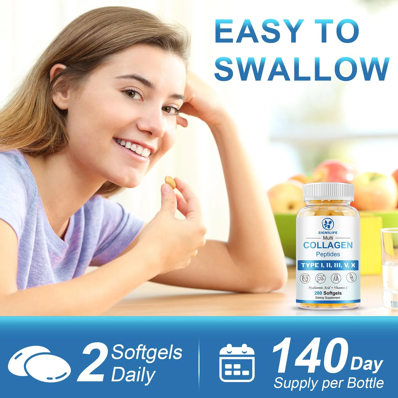 Multi Collagen Peptides with Hyaluronic Acid & Vitamin C – Skin, Hair & Nails | 280 Softgels | Non-GMO - Image 7