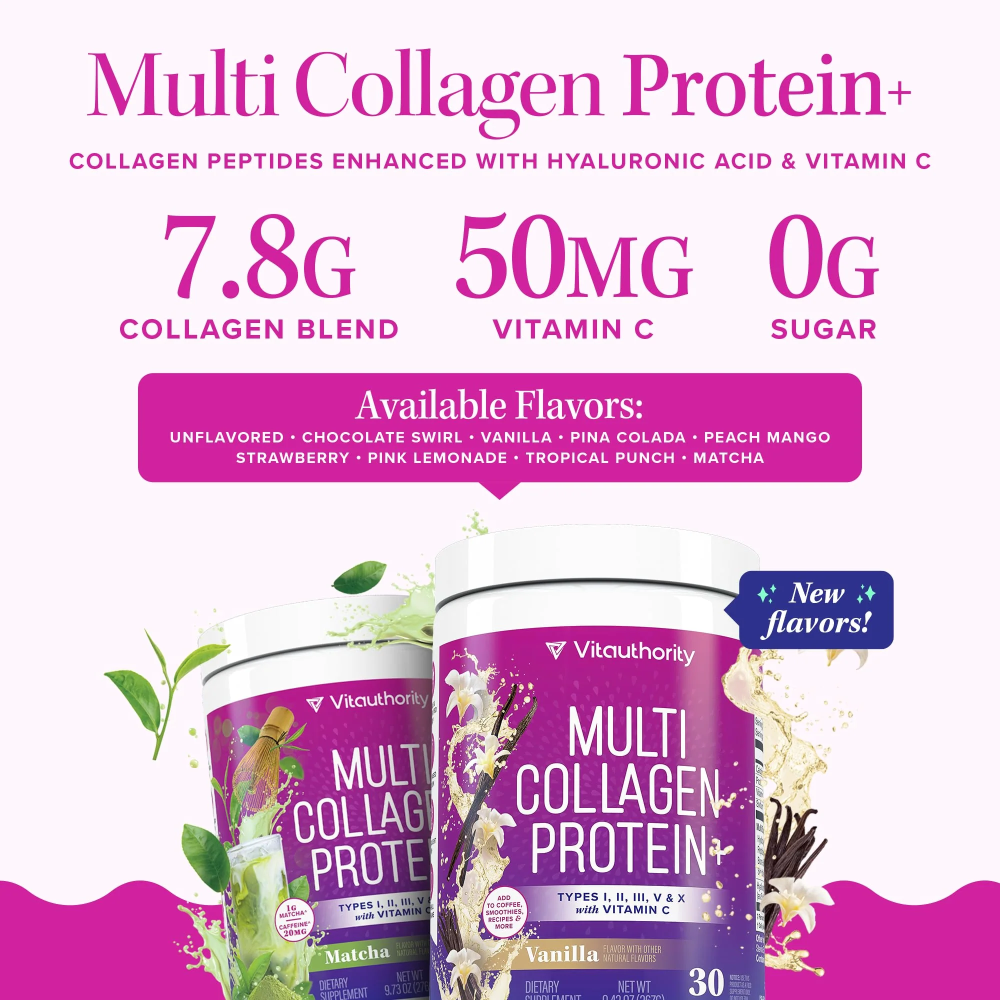 Multi Collagen Protein Powder for Women - Types I II III V & X with Vitamin C & Hyaluronic Acid, Matcha Flavor, 30 Servings - Image 3