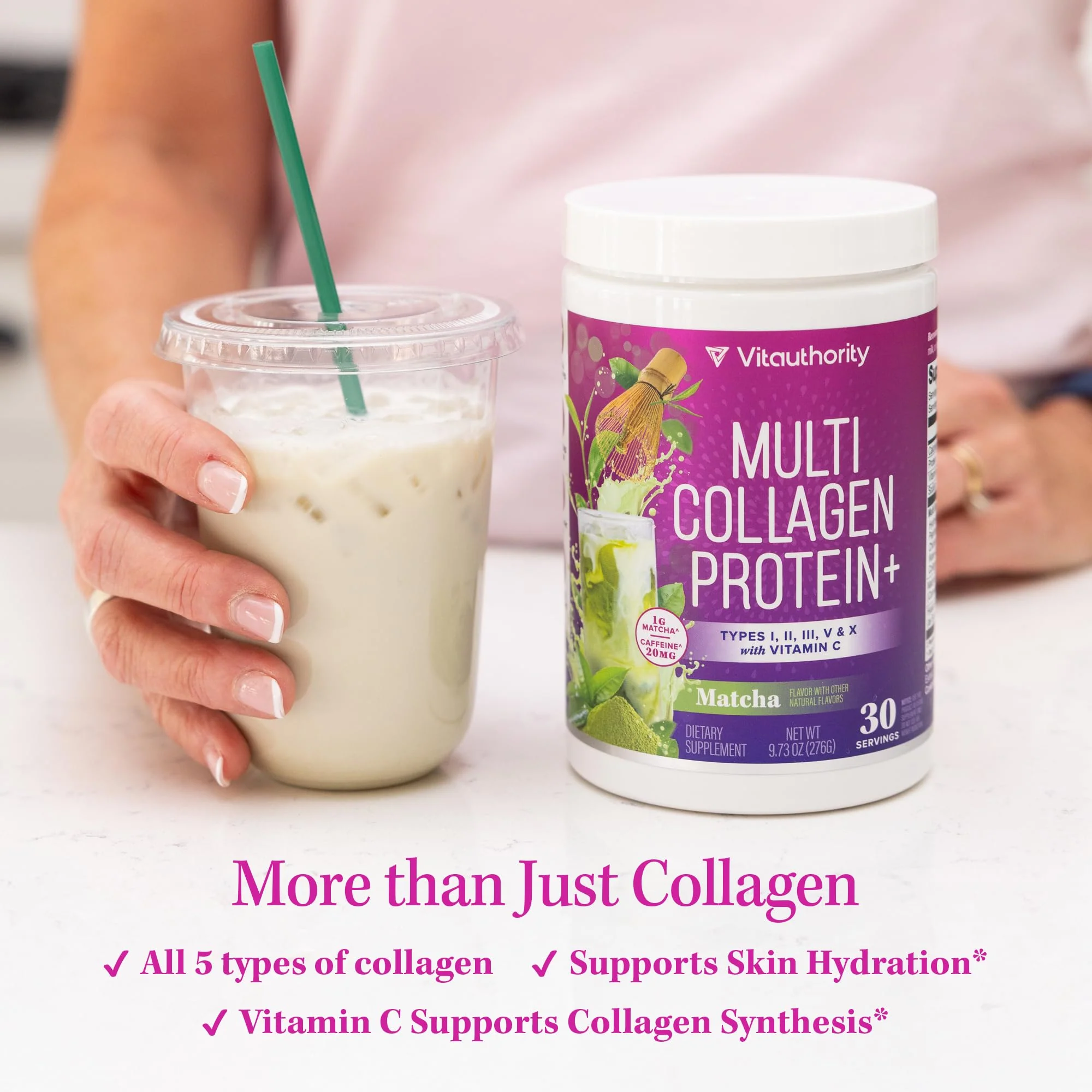 Multi Collagen Protein Powder for Women - Types I II III V & X with Vitamin C & Hyaluronic Acid, Matcha Flavor, 30 Servings - Image 5
