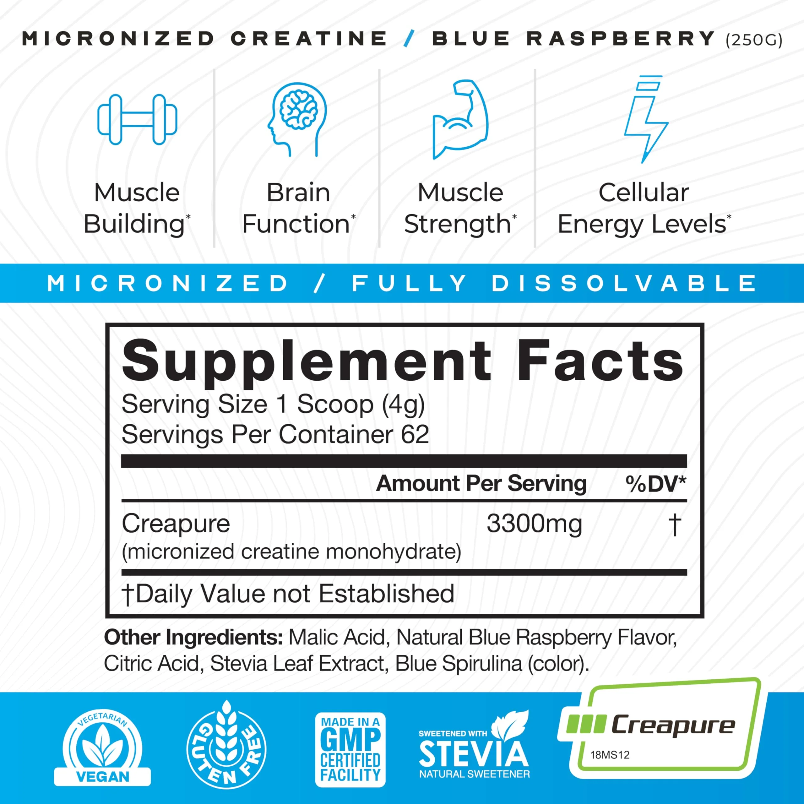Muscle Feast Creapure Creatine Monohydrate Powder – Blue Raspberry, 250g - Image 4