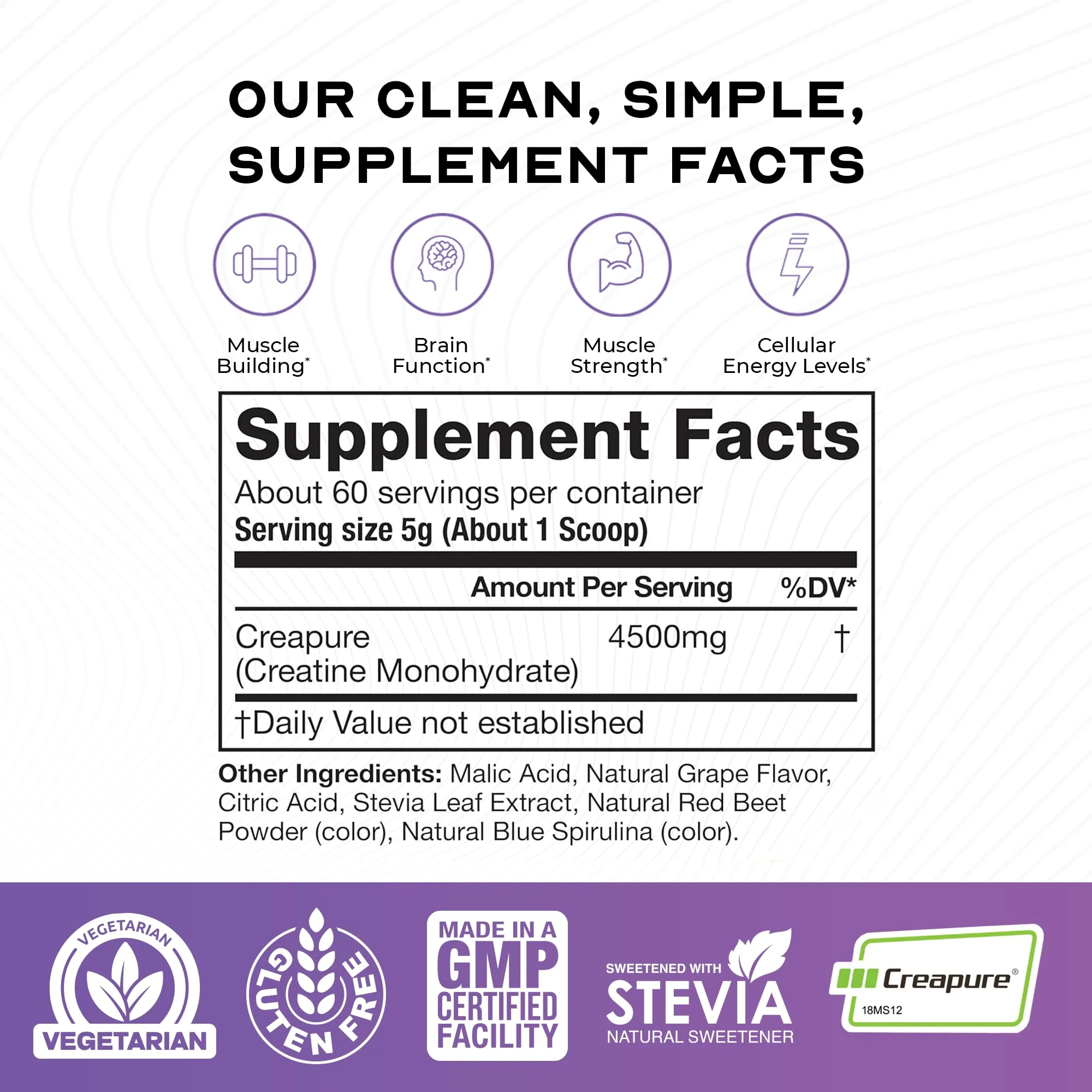 Muscle Feast Creapure Creatine Monohydrate Powder - Natural Grape, 300g, 60 Servings, Vegan Gluten-Free - Image 3