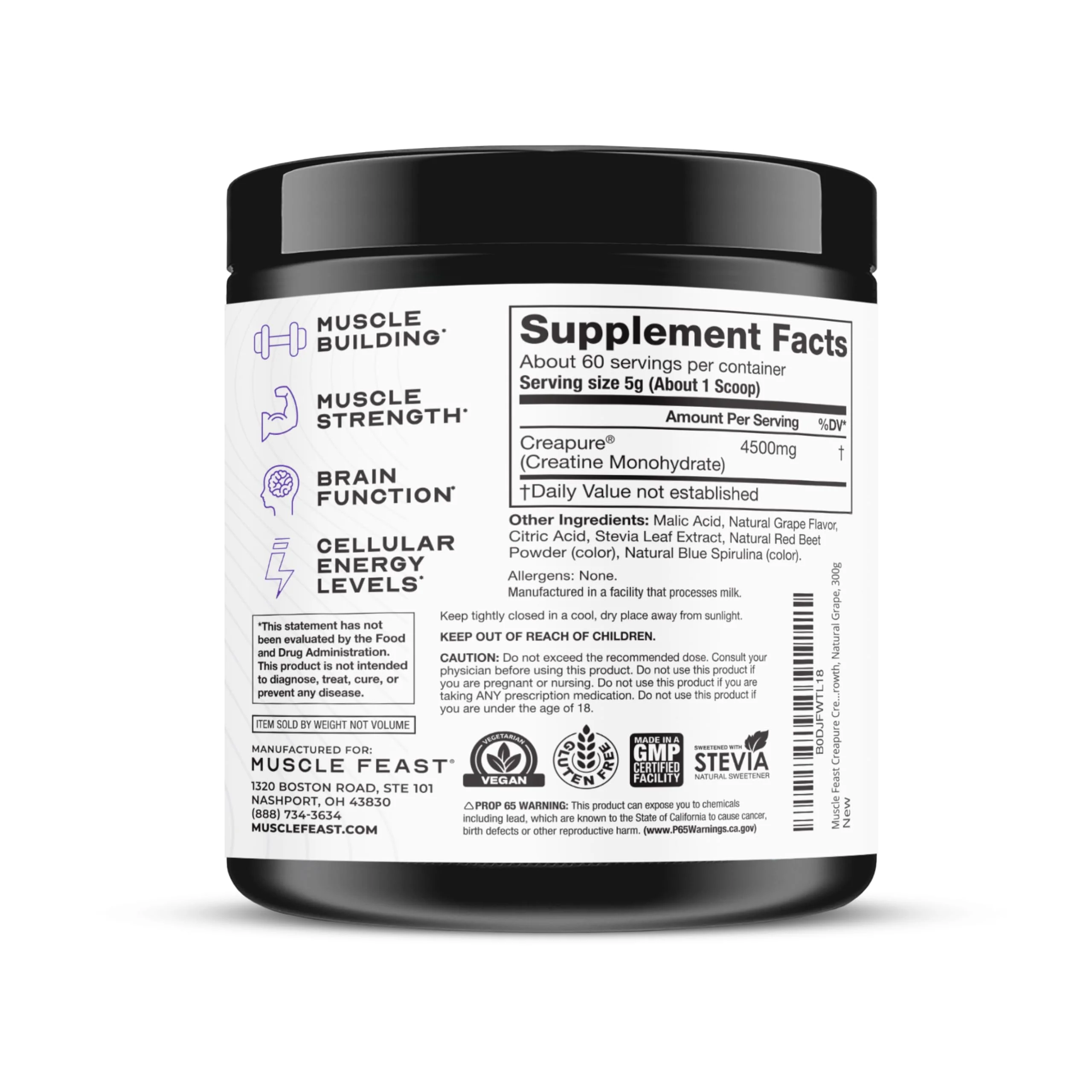 Muscle Feast Creapure Creatine Monohydrate Powder - Natural Grape, 300g, 60 Servings, Vegan Gluten-Free - Image 9