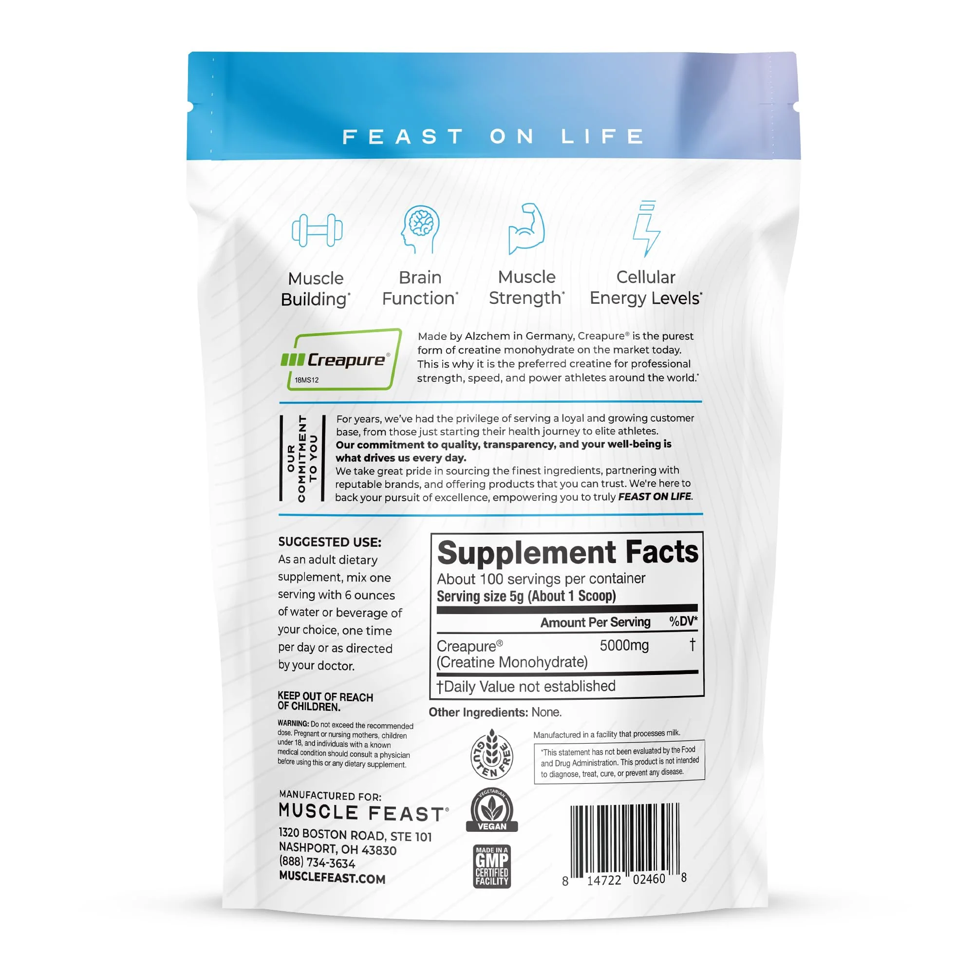 Muscle Feast Creapure Creatine Monohydrate Powder – Unflavored, Vegan & Gluten-Free, 500g - Image 9