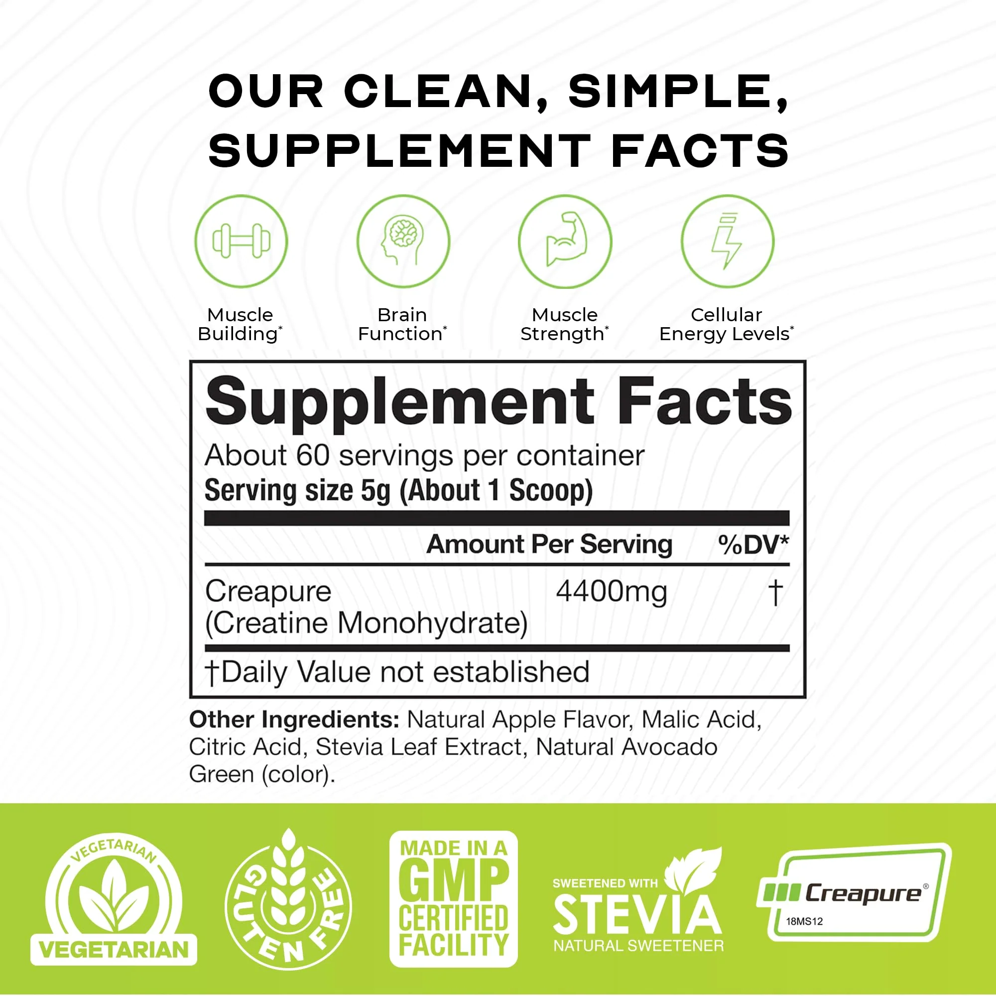 Muscle Feast Creapure Creatine Monohydrate Powder – Vegan, Gluten-Free, Easy to Mix, Green Apple 300g - Image 3